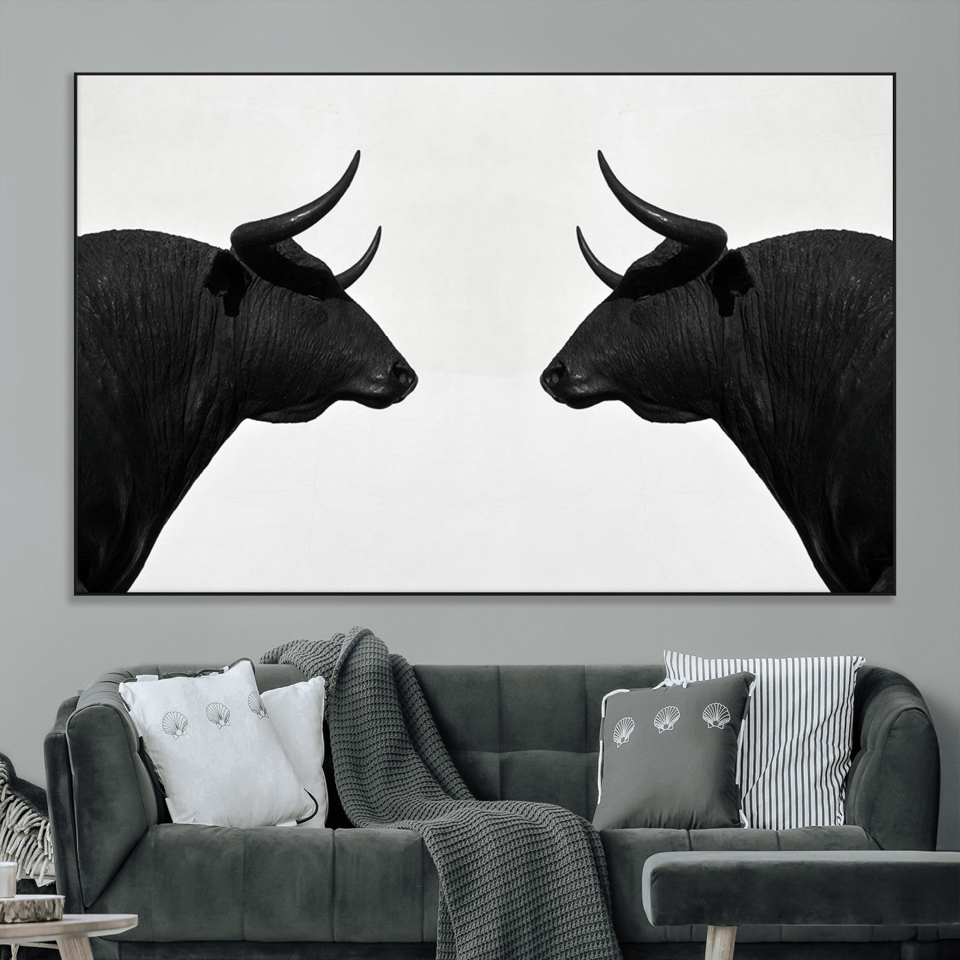 -Spanish Bull Art - Framed Black and White Bull Canvas Print for Modern Rustic Home or Office Decor