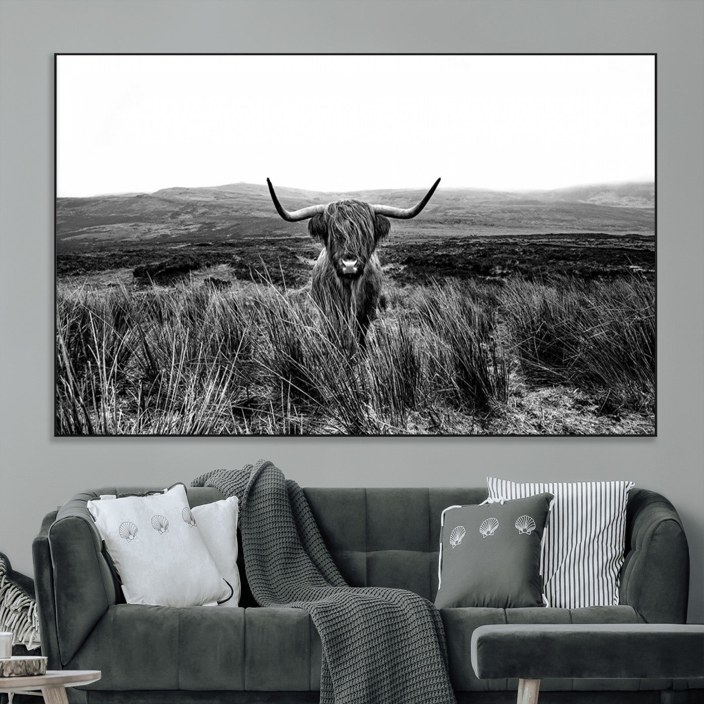 SEG-FC-51X34_Oversize - Black and White Highland Cow Canvas Wall Art, Longhorn Triptych Western Wall Decor for Cabin -