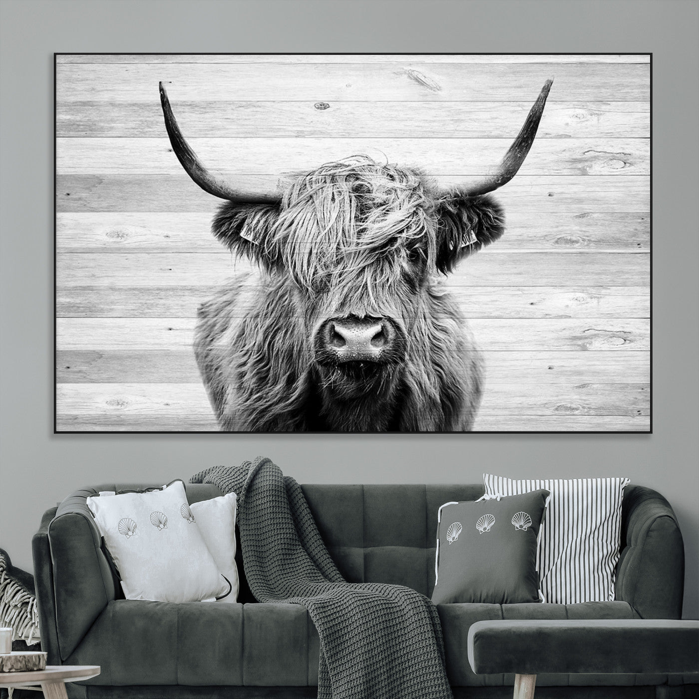 SEG-FC-51X34_Oversize - Scottish Highland Cow Cattle Art Print on Wood Background Style, Scottish Highland Cow Wall Art