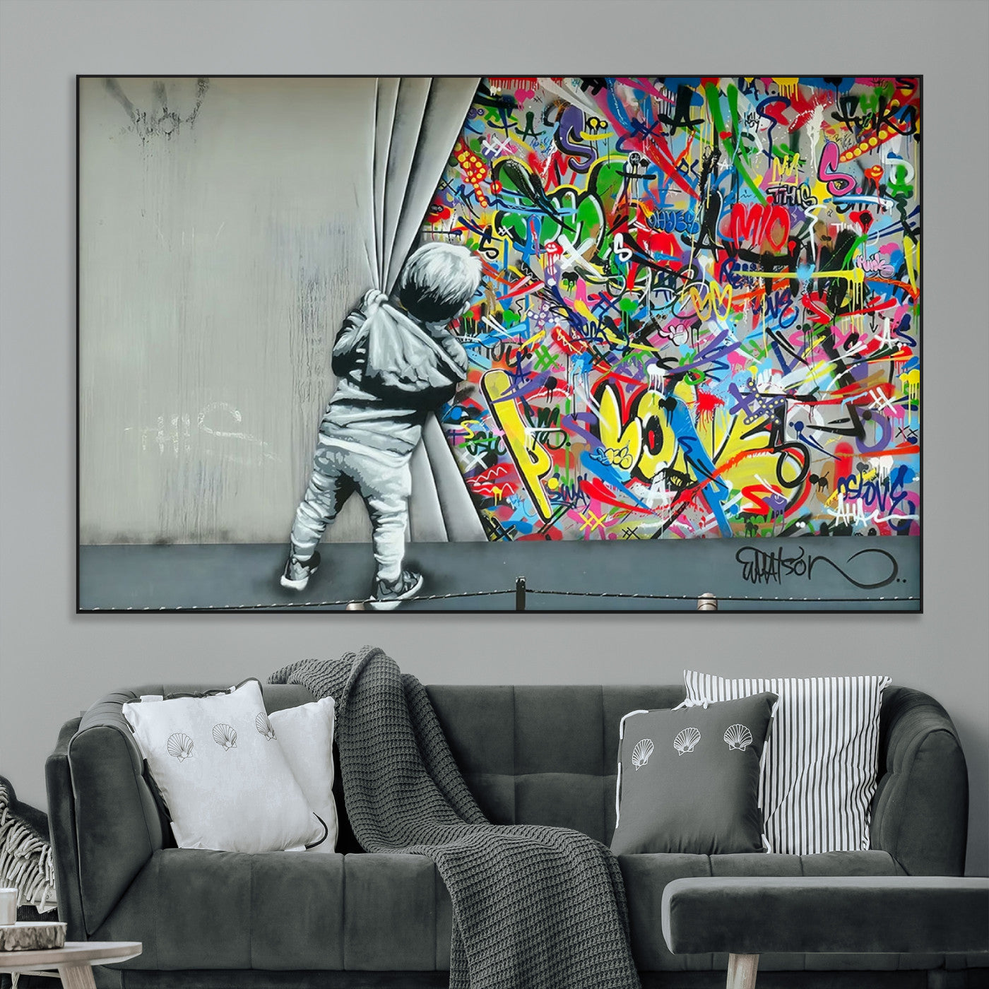SEG-FC-51X34_Oversize - Banksy Colorful Street Graffiti Canvas Wall Art Print, Modern Art Triptych, Child and Graffiti Wall,