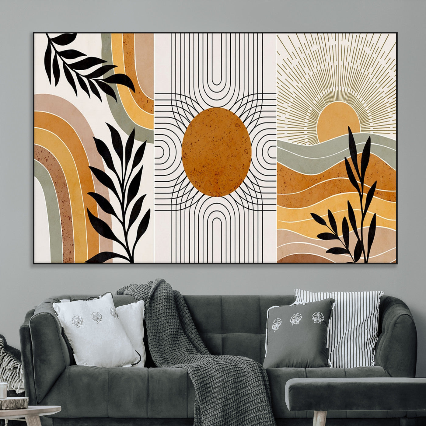 SEG-FC-51X34_Oversize - Modern Boho Sun and Leaf Abstract Art – 3-Panel Giclée Canvas for Mid-Century Modern or Bohemian