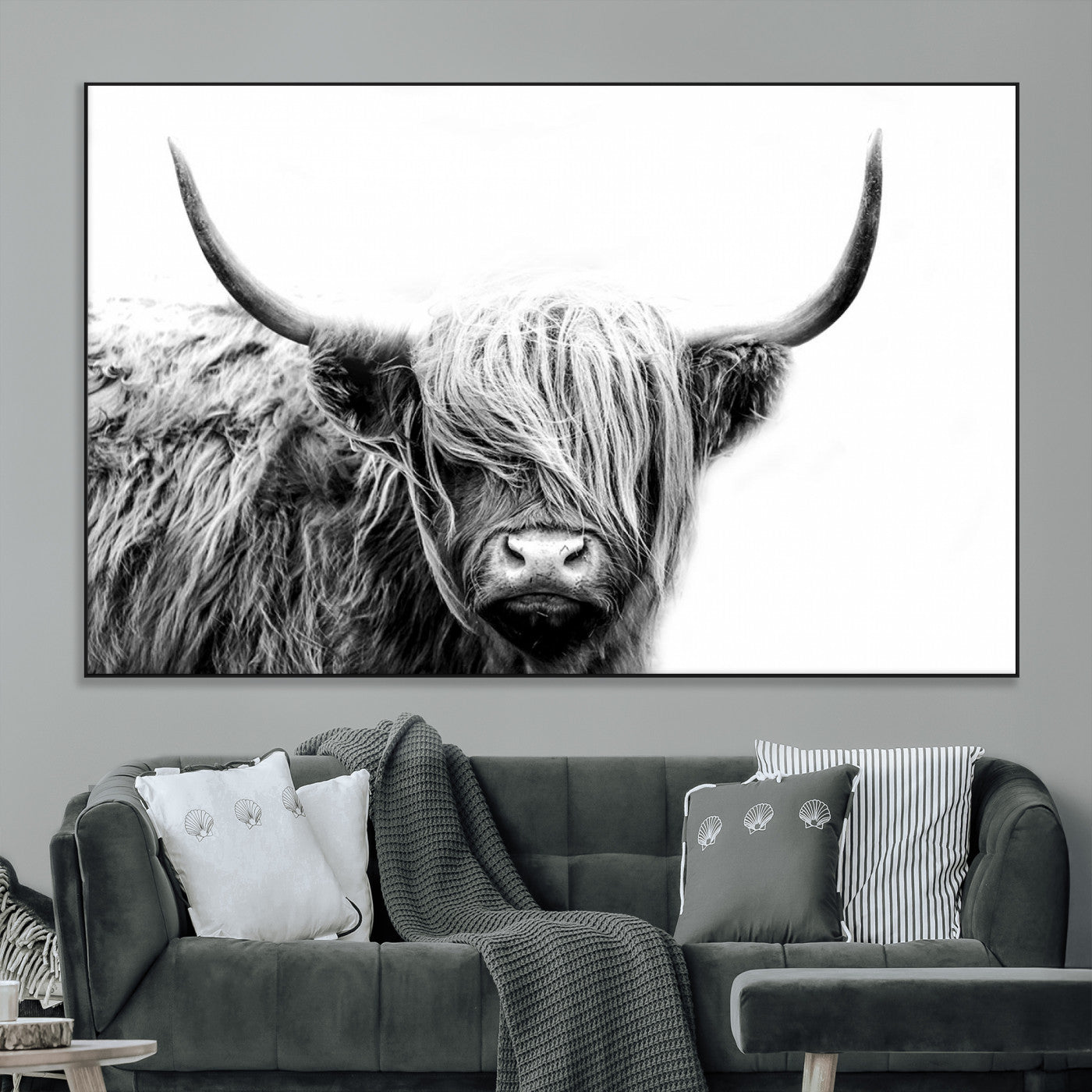 SEG-FC-51X34_Oversize - Black White Scottish Highland Cow Cattle Art Print Farmhouse Wall Art Canvas Print