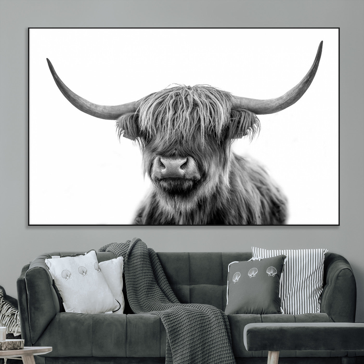 SEG-FC-51X34_Oversize - Grayscale Scottish Highland Cow Cattle Art Print Farmhouse Wall Art Canvas Print