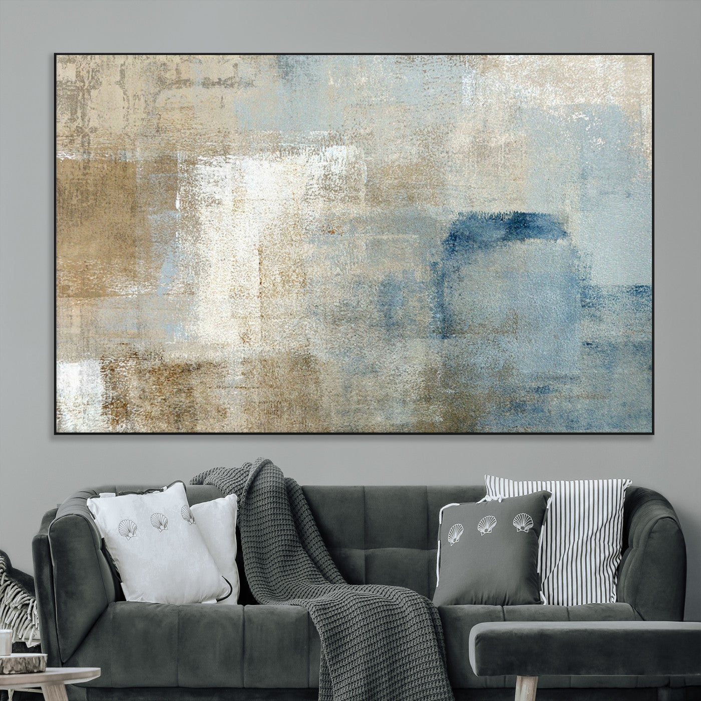 SEG-FC-51X34_Oversize - Abstract Blue and Beige Wall Art, Modern Minimalist Canvas Print Set, Giclee Textured Art, Large