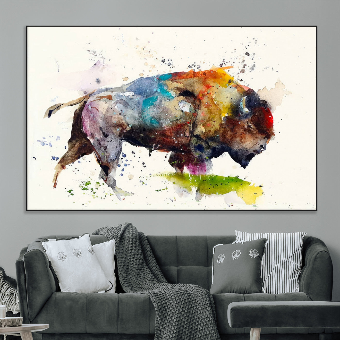SEG-FC-51X34_Oversize - Abstract Buffalo Wall Art, Western Watercolor Bison Canvas Print, Rustic Buffalo Art for Cowboy and
