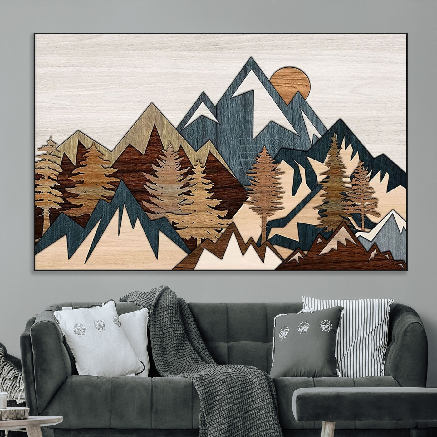 SEG-FC-51X34_Oversize - Rustic Abstract Wood Panel Effect Canvas Mountain Range Top Wood Wall Art Canvas Print