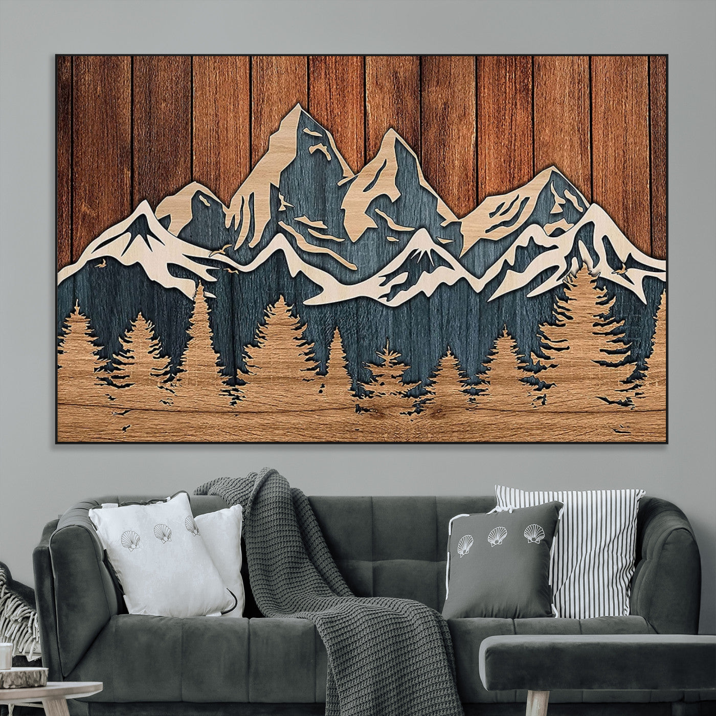 SEG-FC-51X34_Oversize - Rustic Wood Style Mountain Wall Art, Nature Forest Canvas Print, Wooden Textured Mountain Artwork,