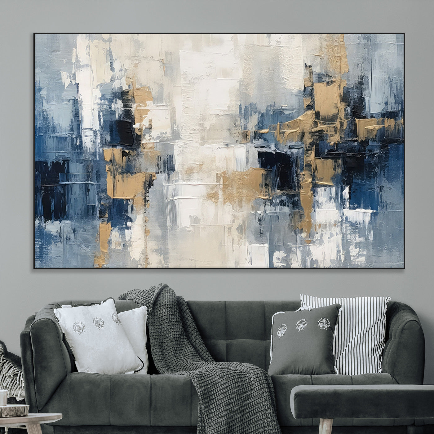 -Modern Abstract Canvas Wall Art in Blue and Gold Tones | Large Contemporary Art for Living Room,