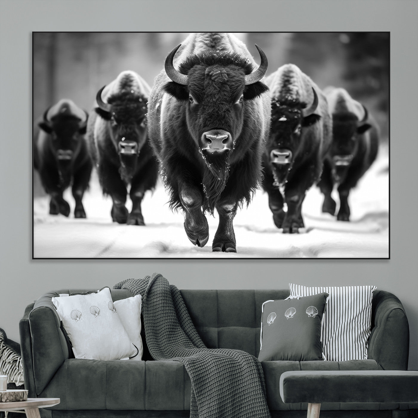 SEG-FC-51X34_Oversize - American Bison Art | Buffalo Herd Wall Art Canvas Print, BW American Bison Herd Wall Art Canvas