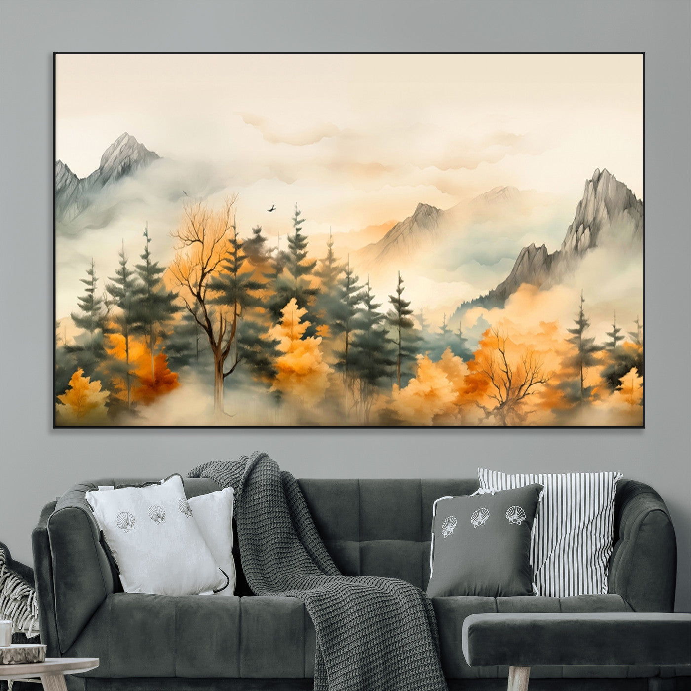SEG-FC-51X34_Oversize - Abstract Watercolor Mountains and Trees Autumn Art, Watercolor Mountains and Trees Canvas Print