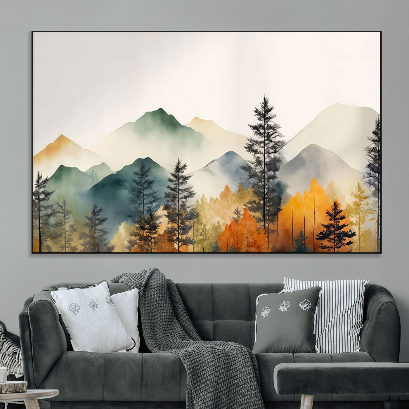 SEG-FC-51X34_Oversize - Abstract Watercolor Mountains and Trees Autumn Wall Art, Mountains and Trees Autumn Wall Art Canvas
