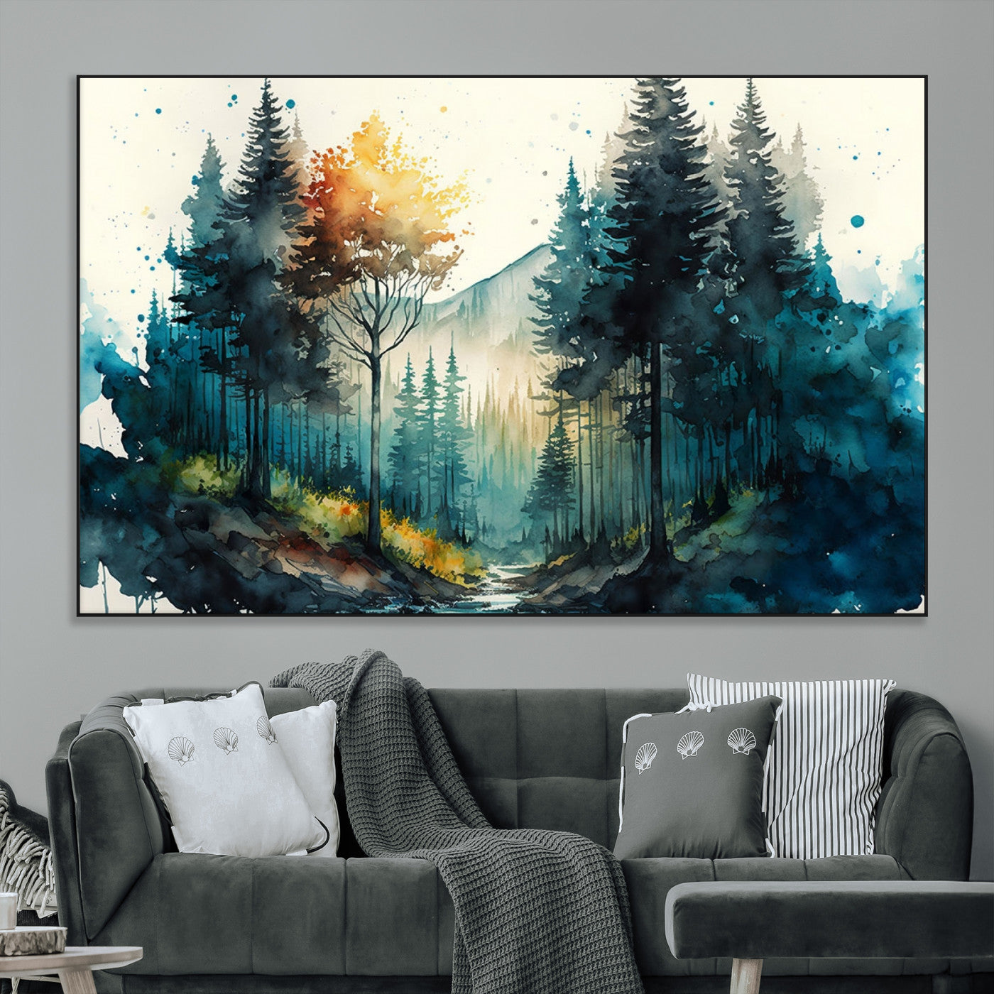 -Watercolor Trees Forest Abstract Wall Art Canvas Print, Framed Watercolor Trees Wall Art