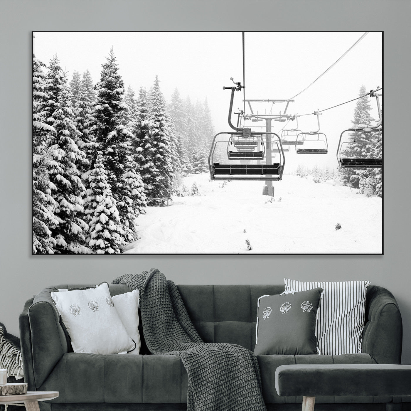 SEG-FC-51X34_Oversize - Winter Forest Wall Art Canvas Print, Framed Snowy Forest Art Picture Print, Winter Ski Lift Perfect