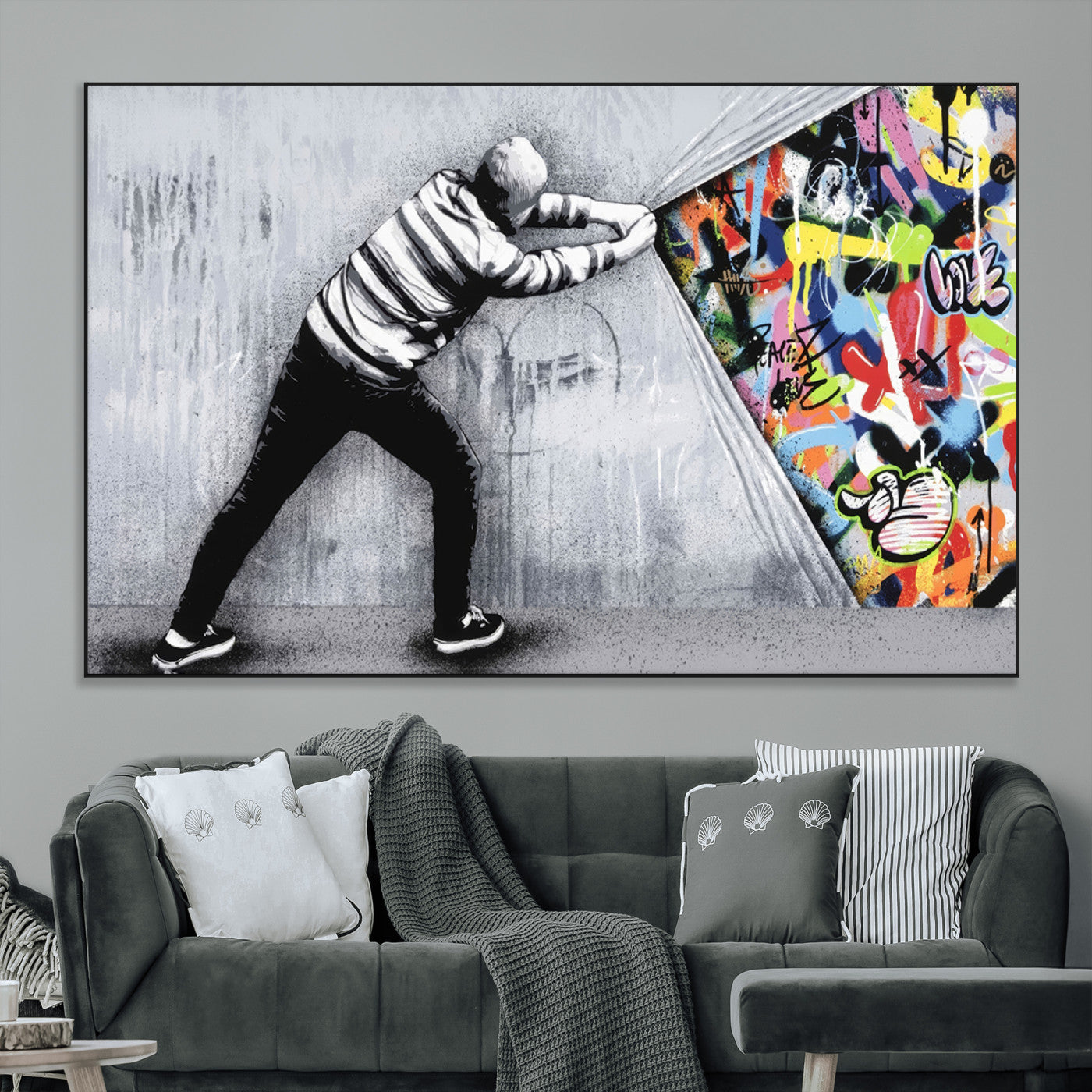 SEG-FC-51X34_Oversize - Banksy Art Behind the Curtain Street Wall Art Canvas Print | 3-Panel Urban Graffiti-Inspired Wall