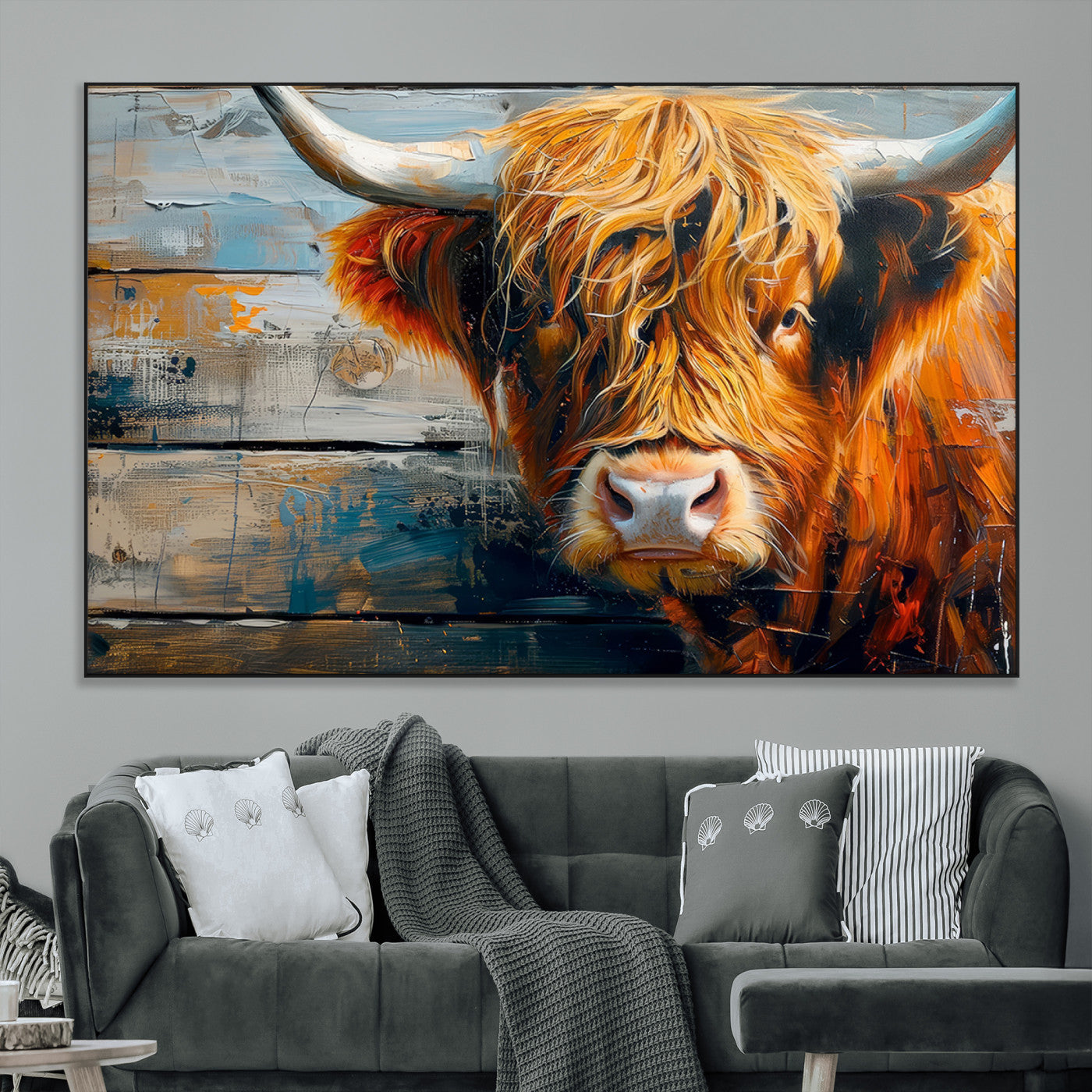 -Highland Cow Abstract Canvas Wall Art – Bold Farmhouse Rustic Decor – Ready to Hang