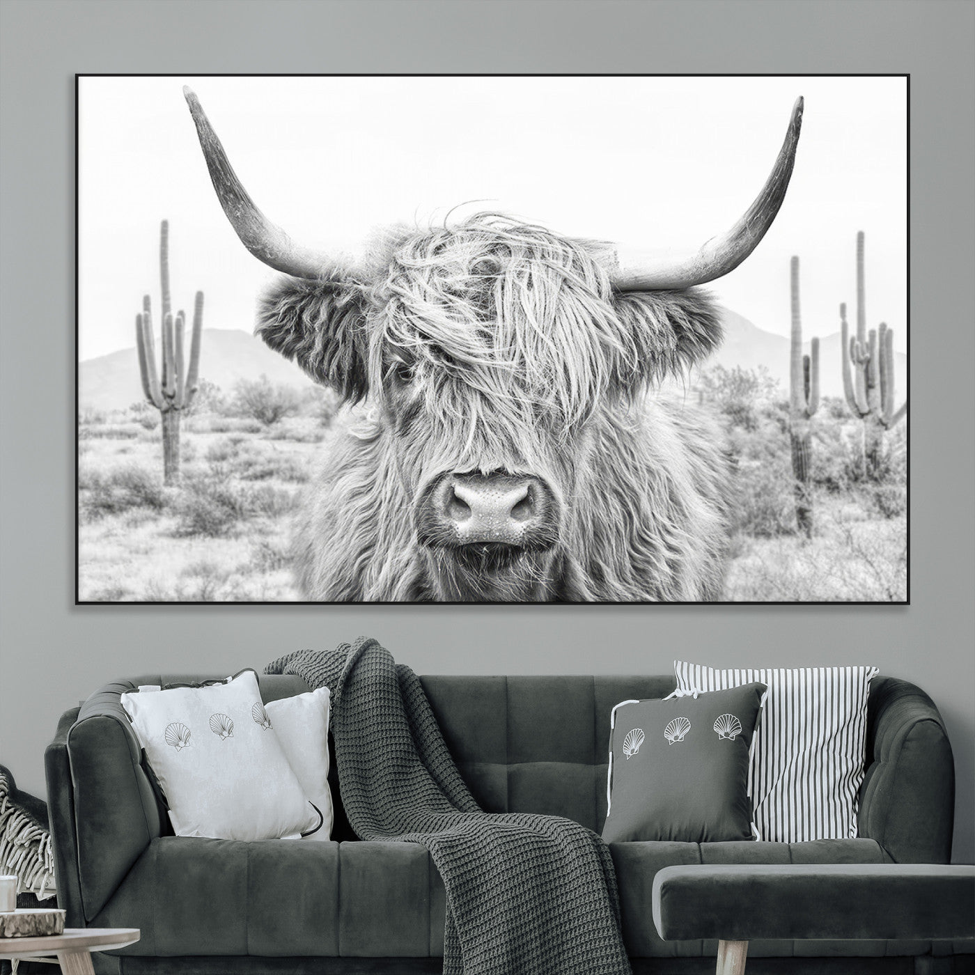 -Rustic Charm | Cow Longhorn Black White Bighorn Wall Art Canvas Print | Farmhouse Wall Art