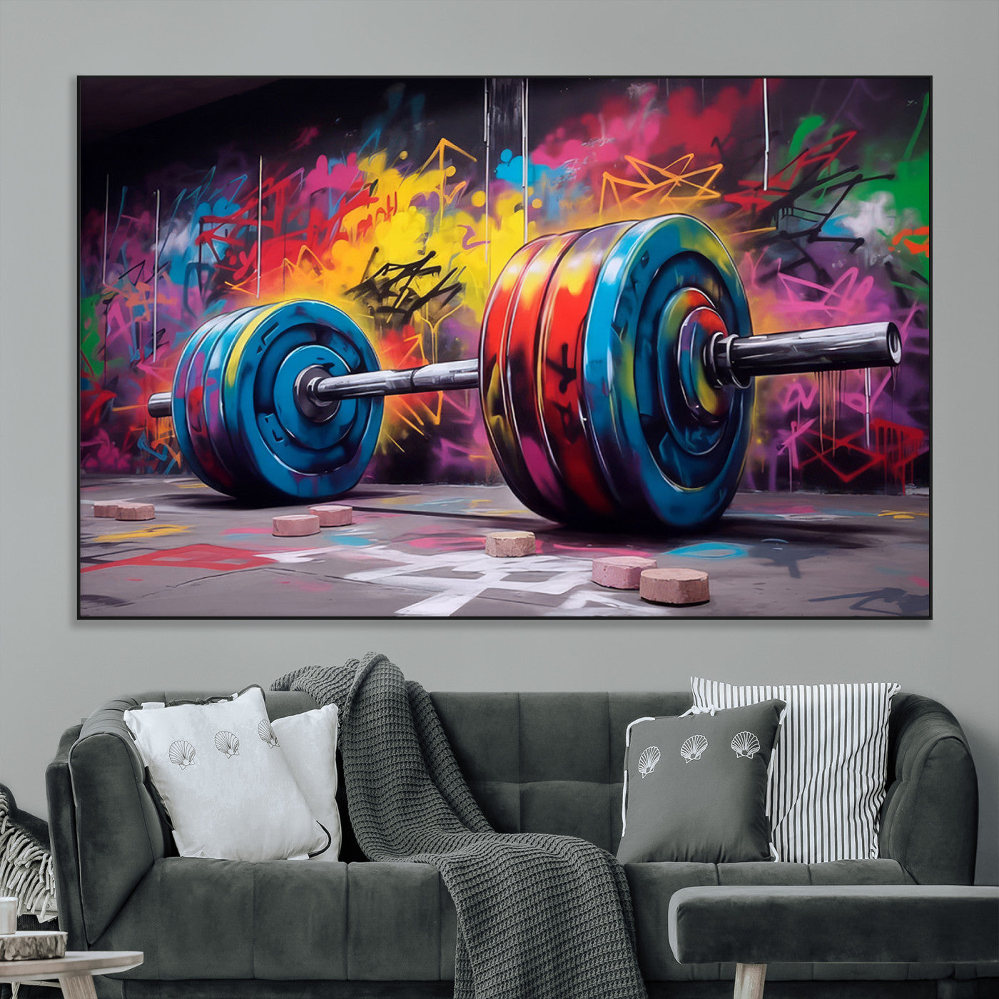 SEG-FC-51X34_Oversize - Abstract Graffiti Barbell Canvas Wall Art – Urban Fitness Meets Bold Street Art Print - Gym Wall Art Print