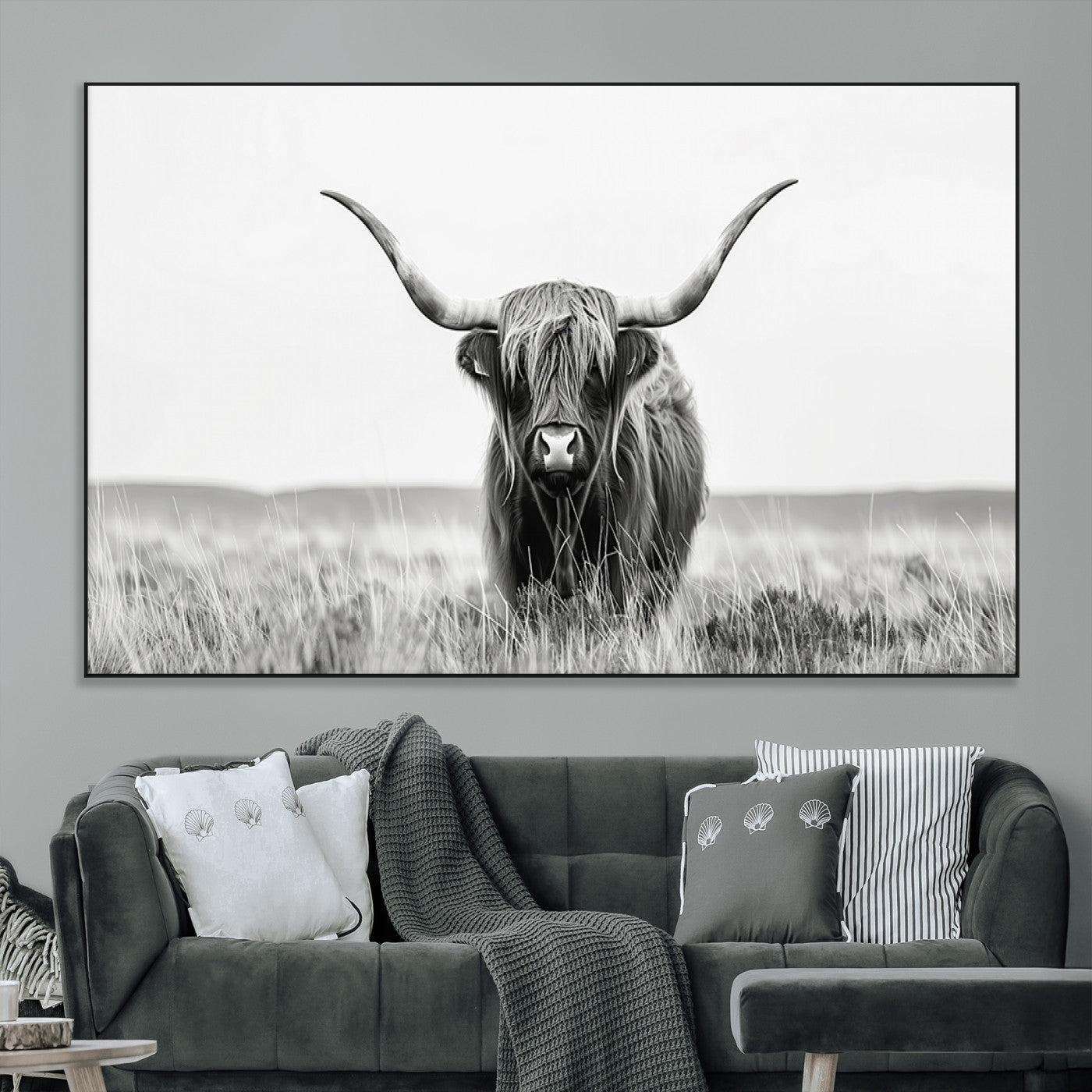 SEG-FC-51X34_Oversize - Highland Cow Canvas Wall Art – Majestic Beauty in Black and White