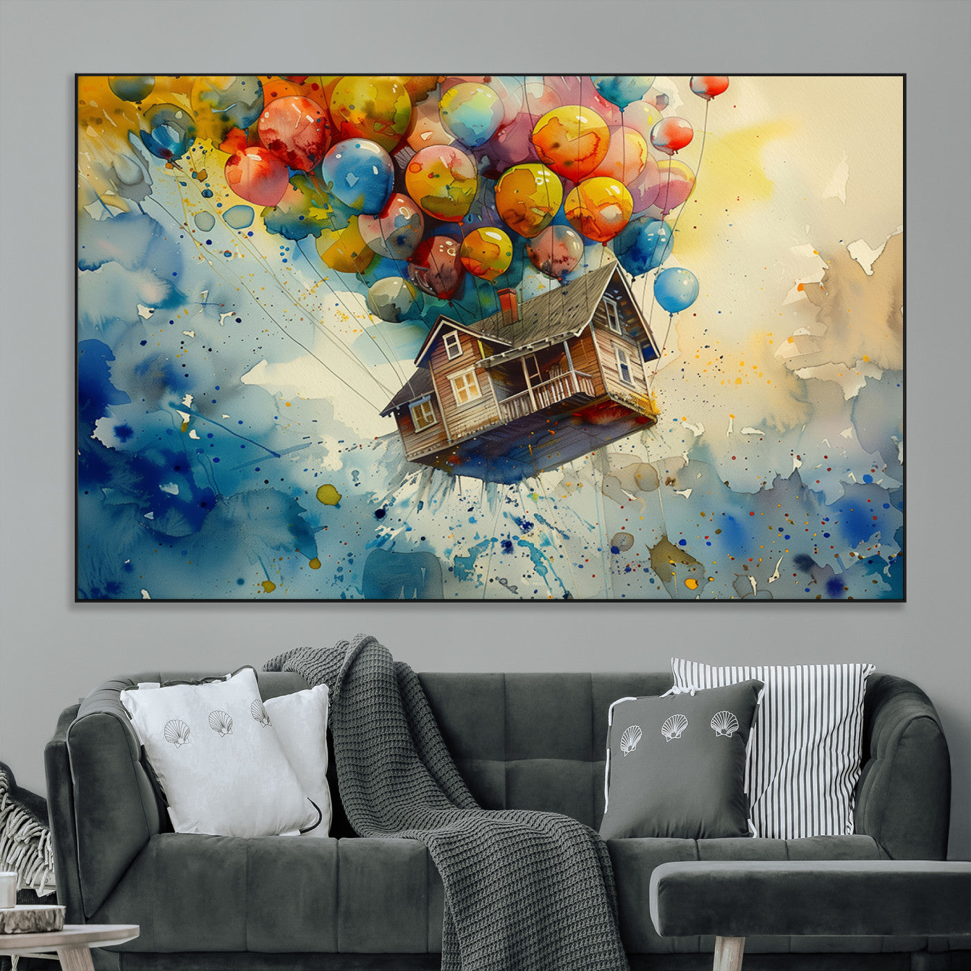 SEG-FC-51X34_Oversize - UP-Inspired Floating House with Balloons Canvas Art – Colorful 3-Panel Wall Decor for Living Room,