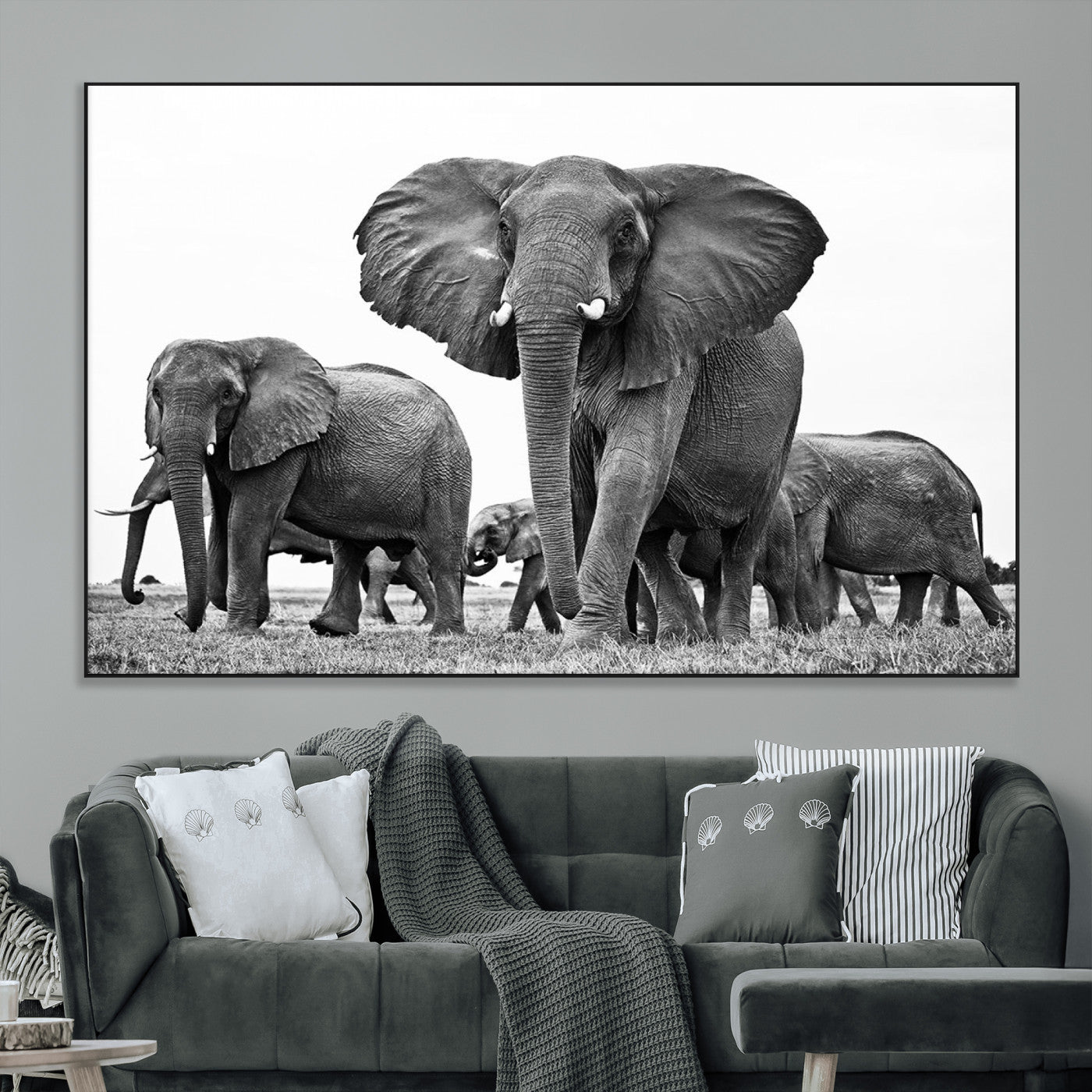 -Black White Elephant Family Wall Art Canvas Print