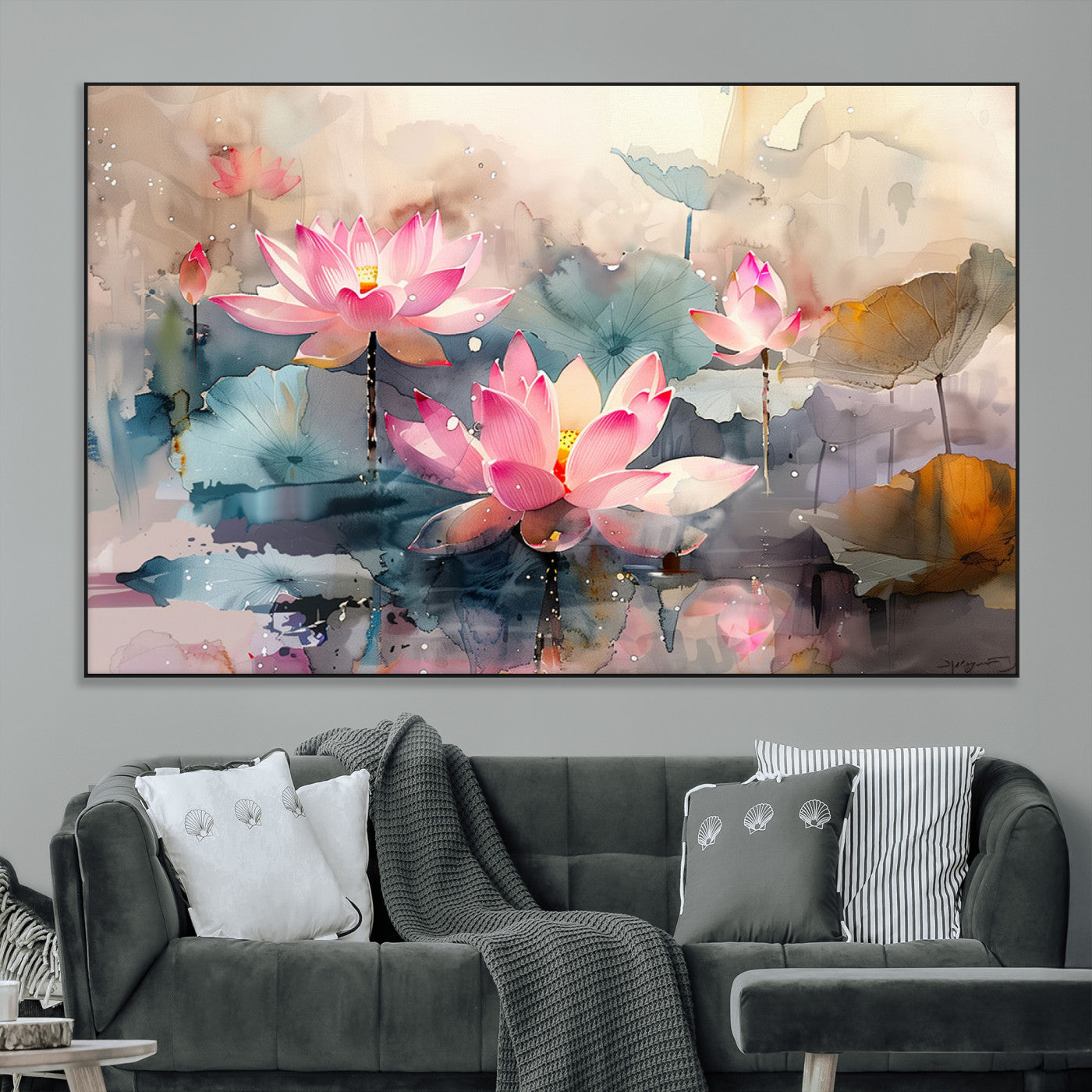 SEG-FC-51X34_Oversize - Lotus Flower Wall Art | 3-Panel Giclee Canvas Print of Pink Lotus Blossoms for Living Room, Bedroom,