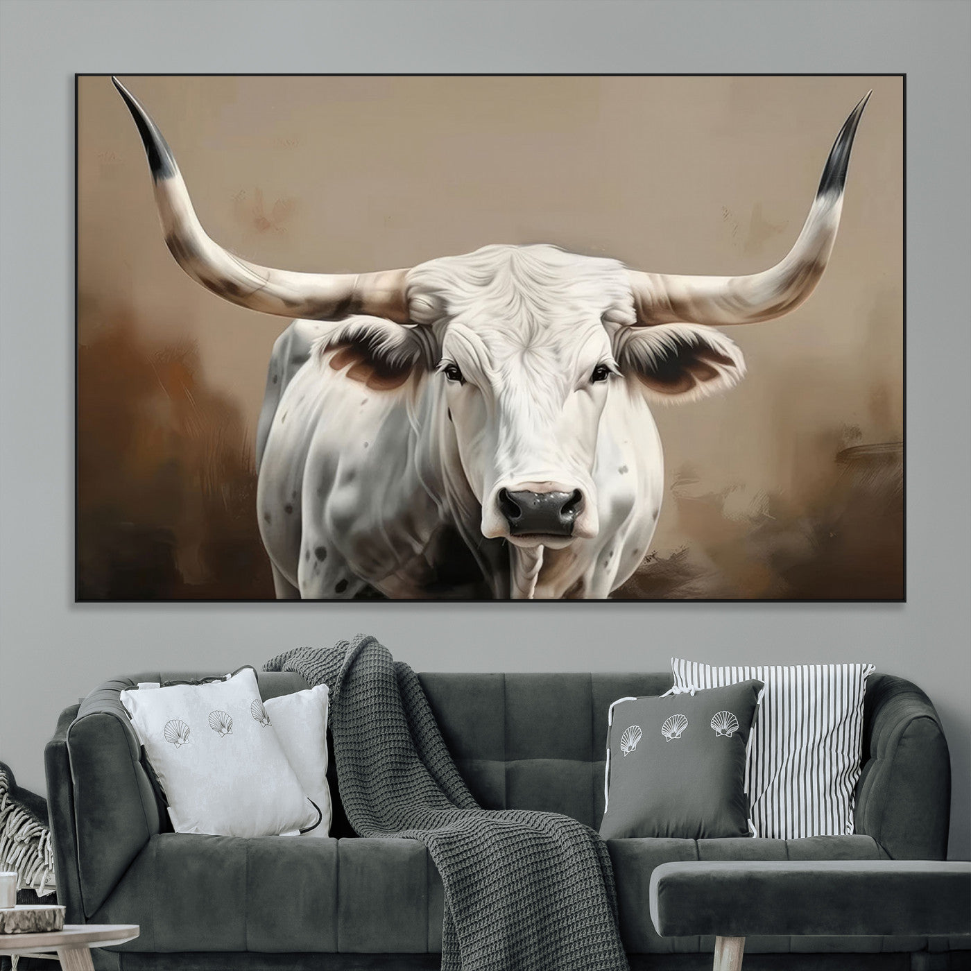 -White Longhorn Bull Wall Art Canvas Print – Framed and Ready to Hang – Perfect for Farmhouse and