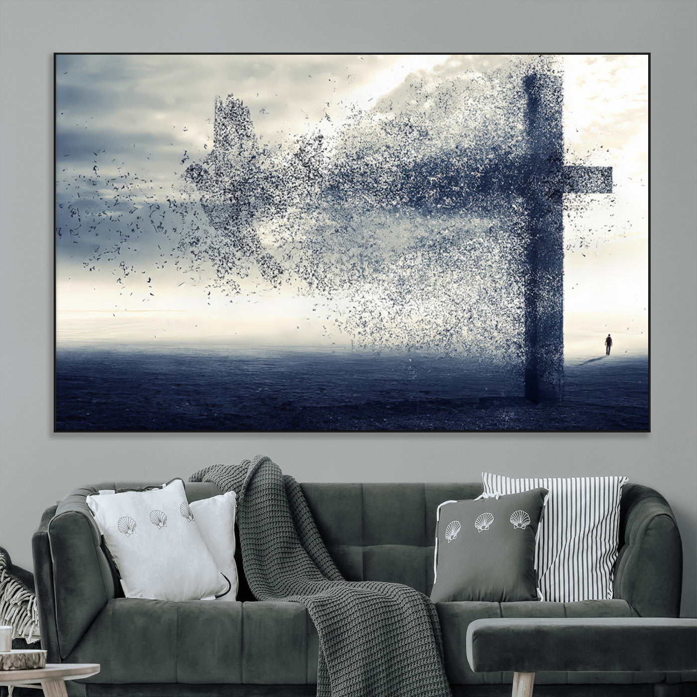 SEG-FC-51X34_Oversize - Jesus and the Fading Cross Wall Art Print – Symbol of Faith, Christian Wall Art Canvas Print, Framed