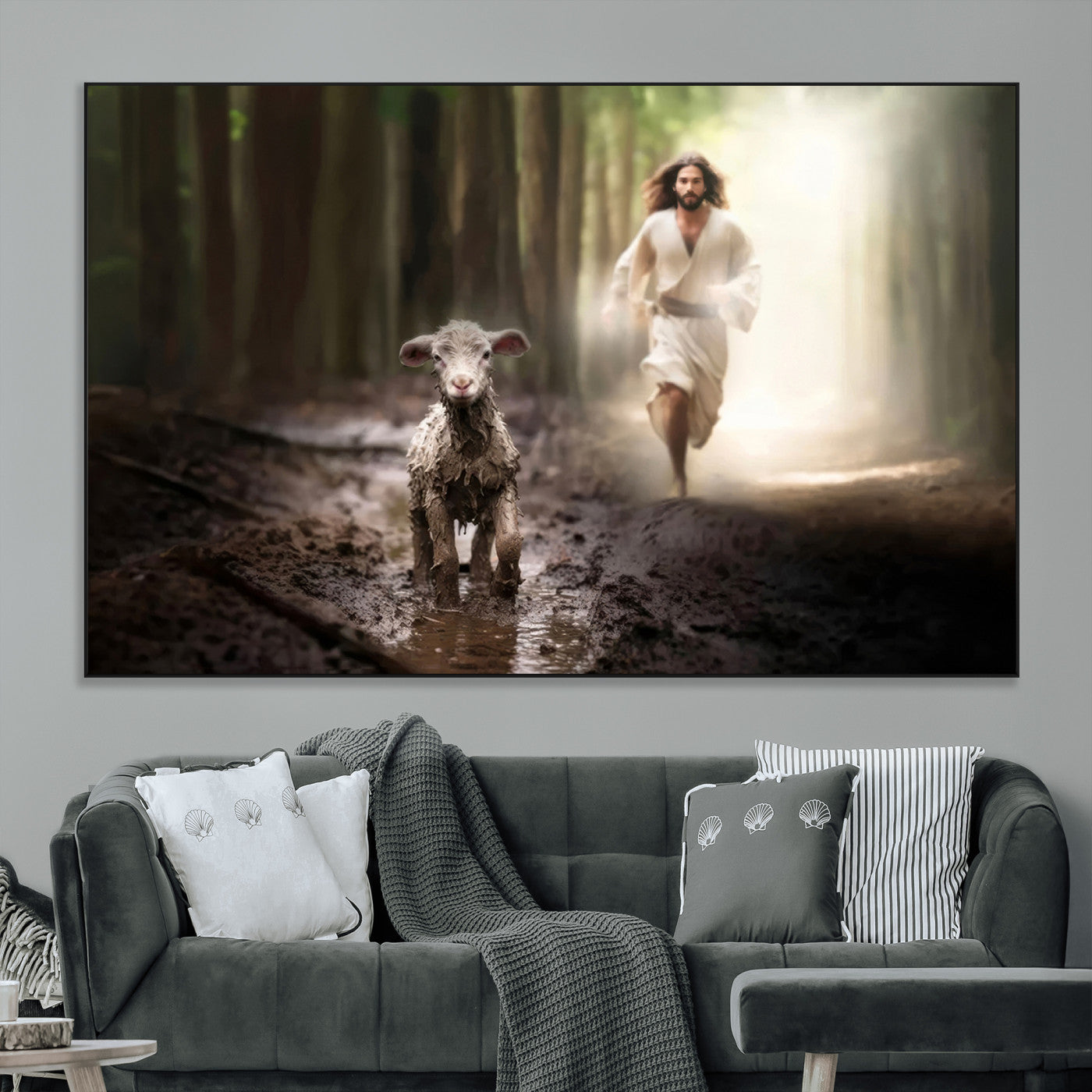 SEG-FC-51X34_Oversize - Jesus Canvas Wall Art - Jesus Running After Lost Lamb, Jesus, Christian Home Decor - Church Wall Art