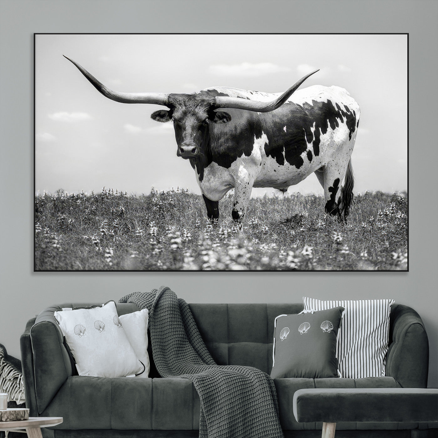 -Texas Black White Highland Longhorn Cow Wall Art Canvas Print
