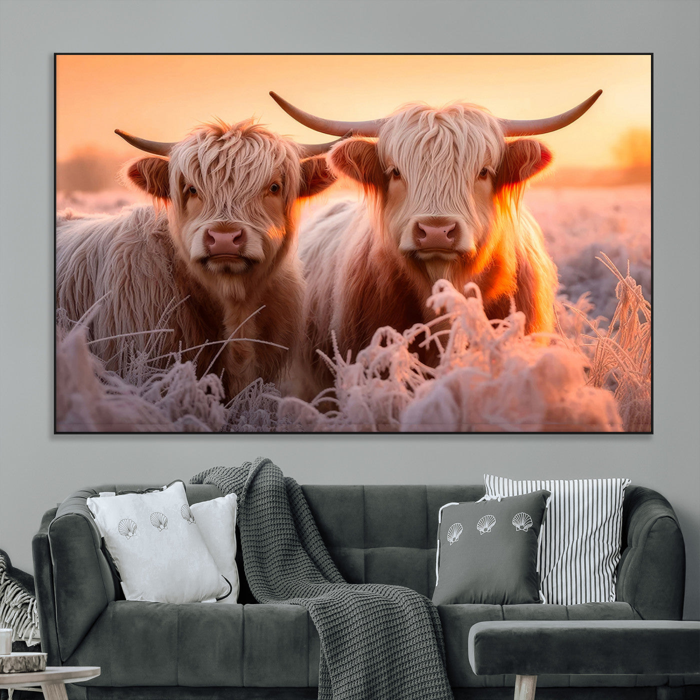 -Highland Cows at Sunrise Wall Art Canvas Set – Serene and Rustic Farmhouse Decor