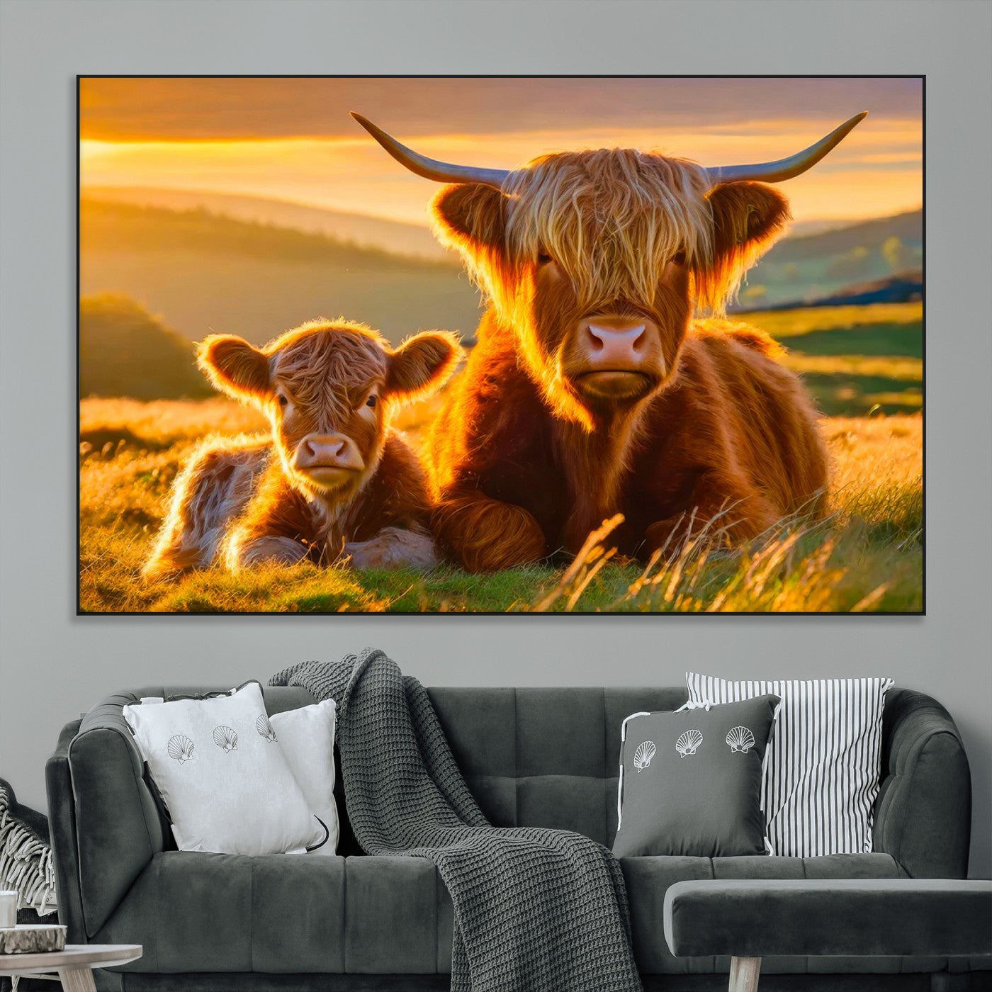 -Scottish Cow and Baby Cow Canvas Wall Art Animal Print Fluffy Cattle Framed Farmhouse Decor