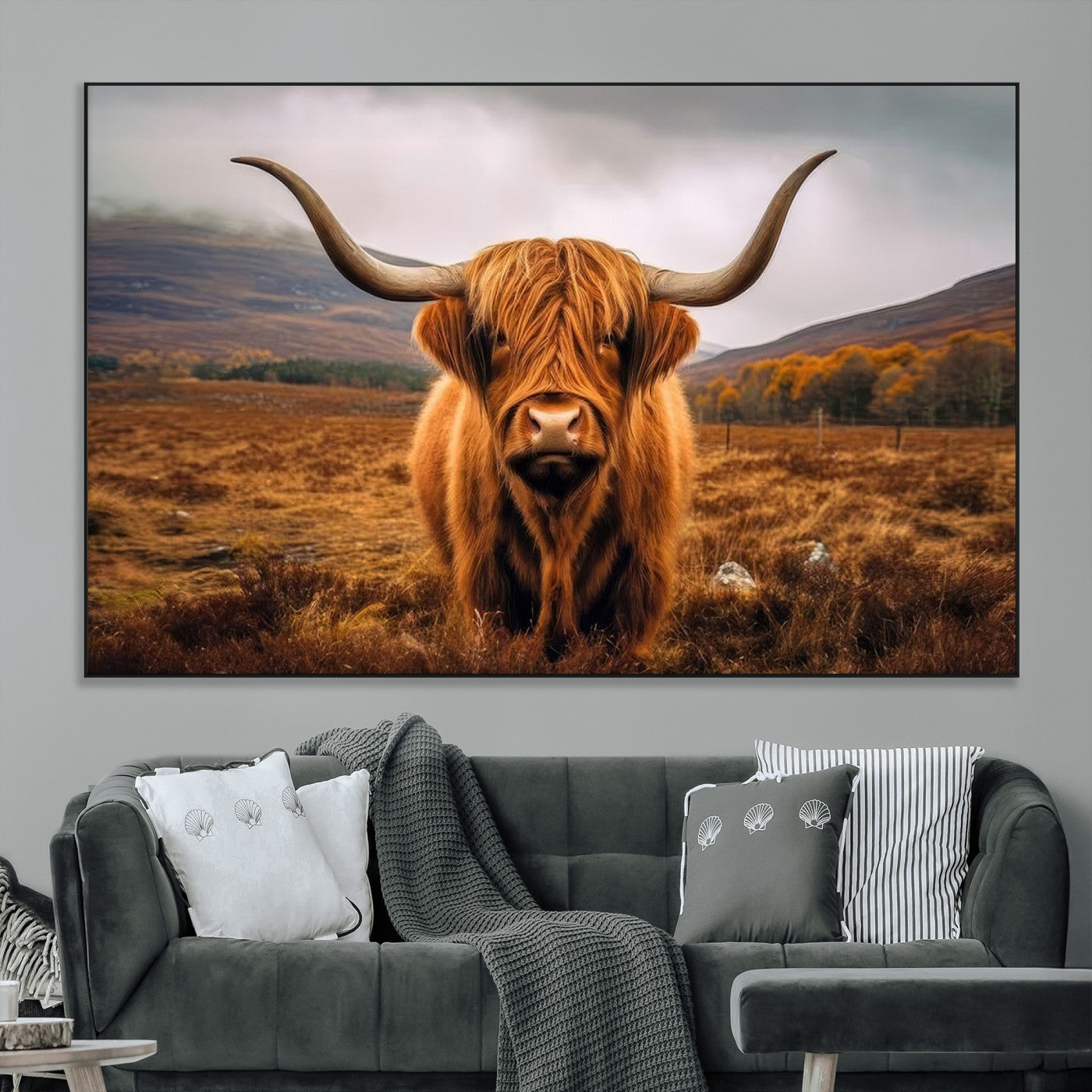 -Highland Cow Longhorn Wall Art – Rustic Canvas Print, Framed and Ready to Hang for Farmhouse Décor