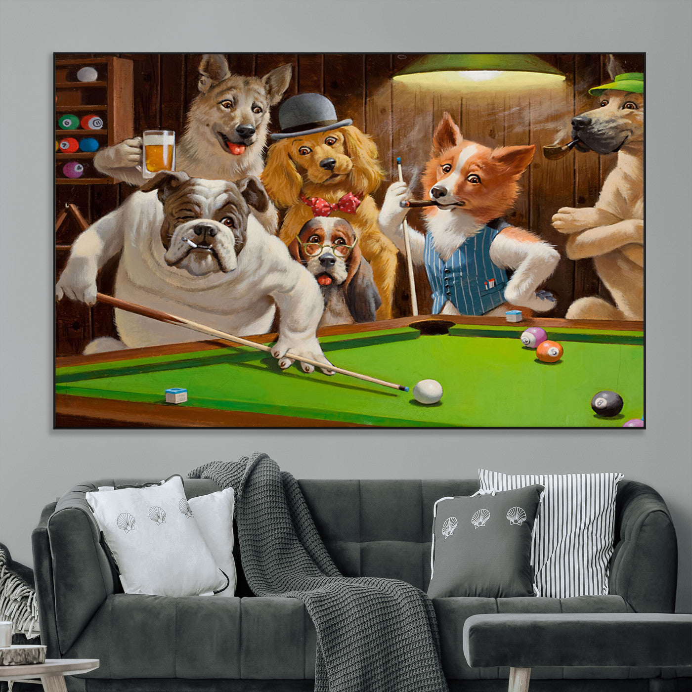 SEG-FC-51X34_Oversize - Dogs Playing Pool Canvas Wall Art Funny Gifts Dog Print