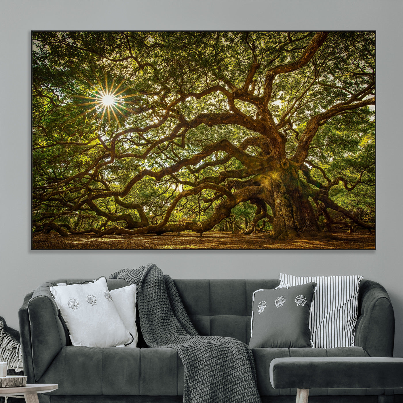 SEG-FC-51X34_Oversize - Ancient Angel Oak Tree Art Sunburst Canvas Print- Nature-Inspired Triptych Canvas Print, Framed,