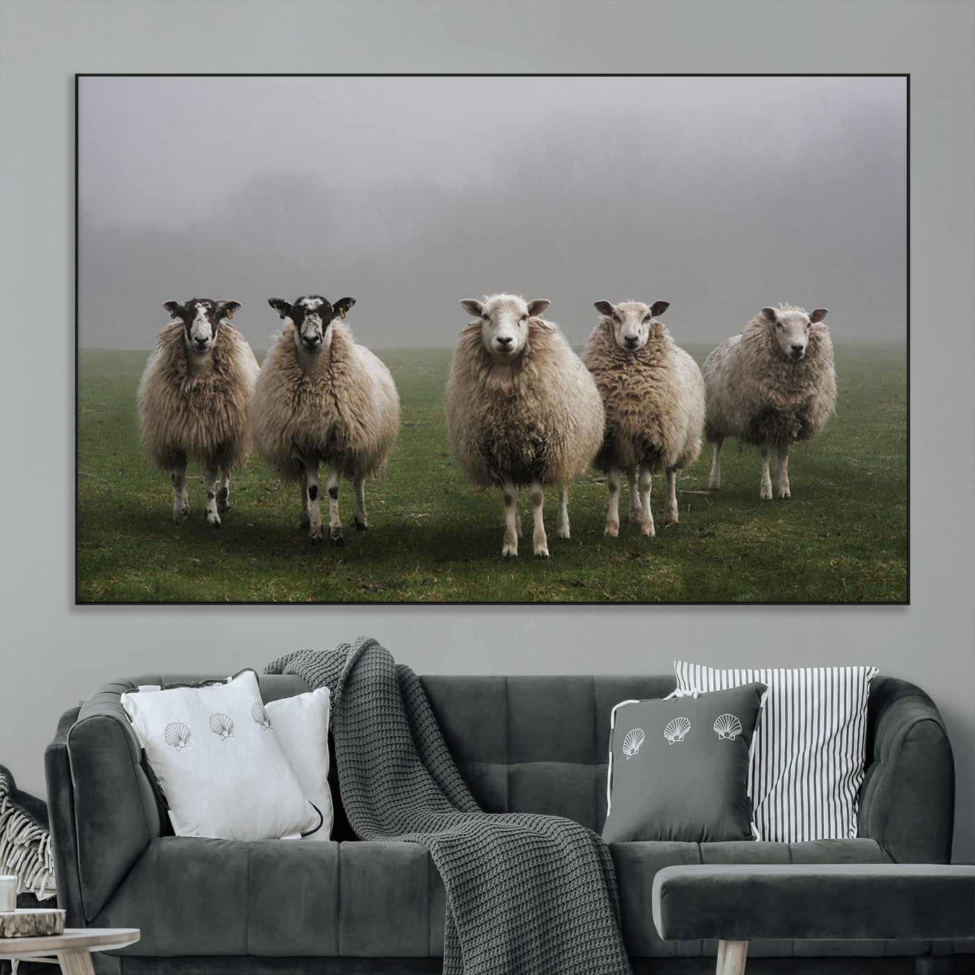 -Flock of Sheep in a Mystical Fog – Pastoral Wall Art Canvas Print, Framed, Ready to Hang