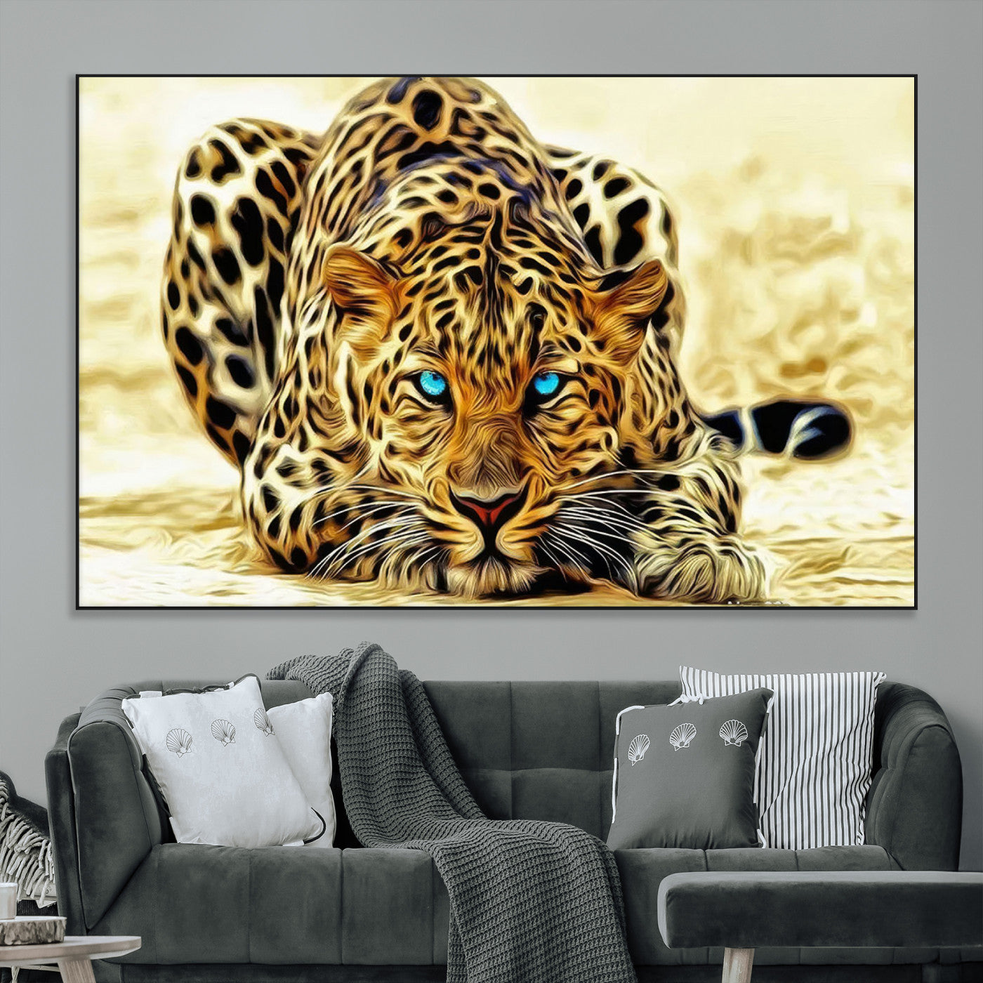-Blue-Eyed Leopard Canvas Wall Art - Framed Animal Print Ready to Hang - Fierce and Bold Decor for