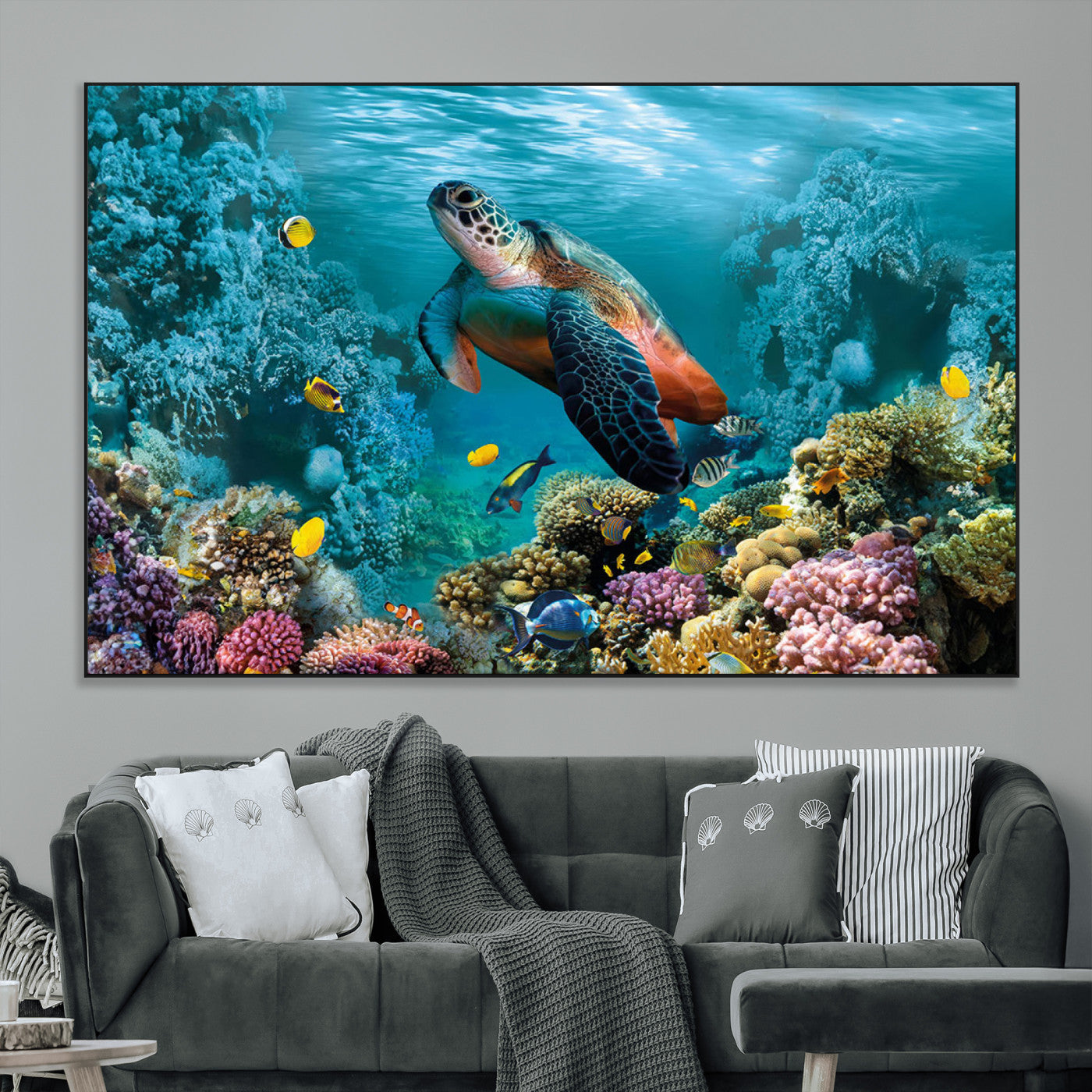 SEG-FC-51X34_Oversize - Sea Turtle and Coral Reef Triptych Wall Art – Vibrant Underwater Scene Canvas Set for Ocean Lovers
