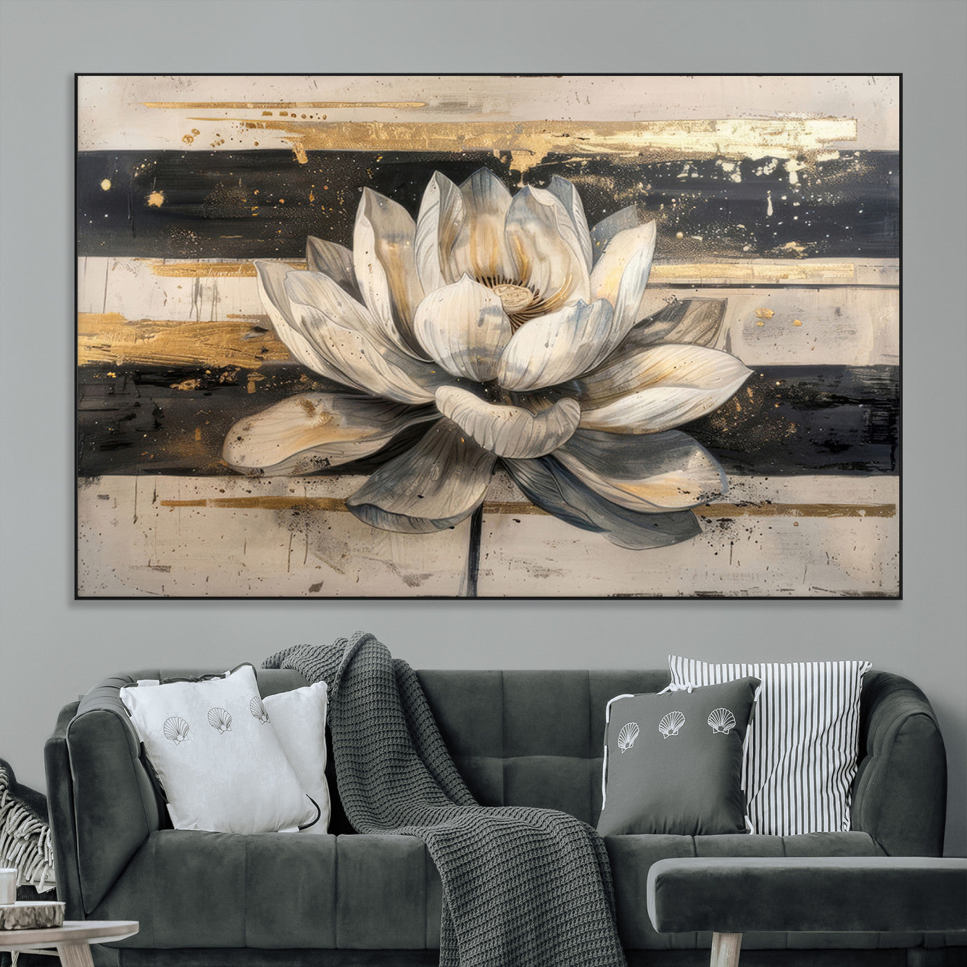 SEG-FC-51X34_Oversize - Lotus Flower Wall Art Canvas Print, Framed Abstract Lotus Art Picture Print, White Lotus Flower Perfect Abstract Floral Decor Artwork