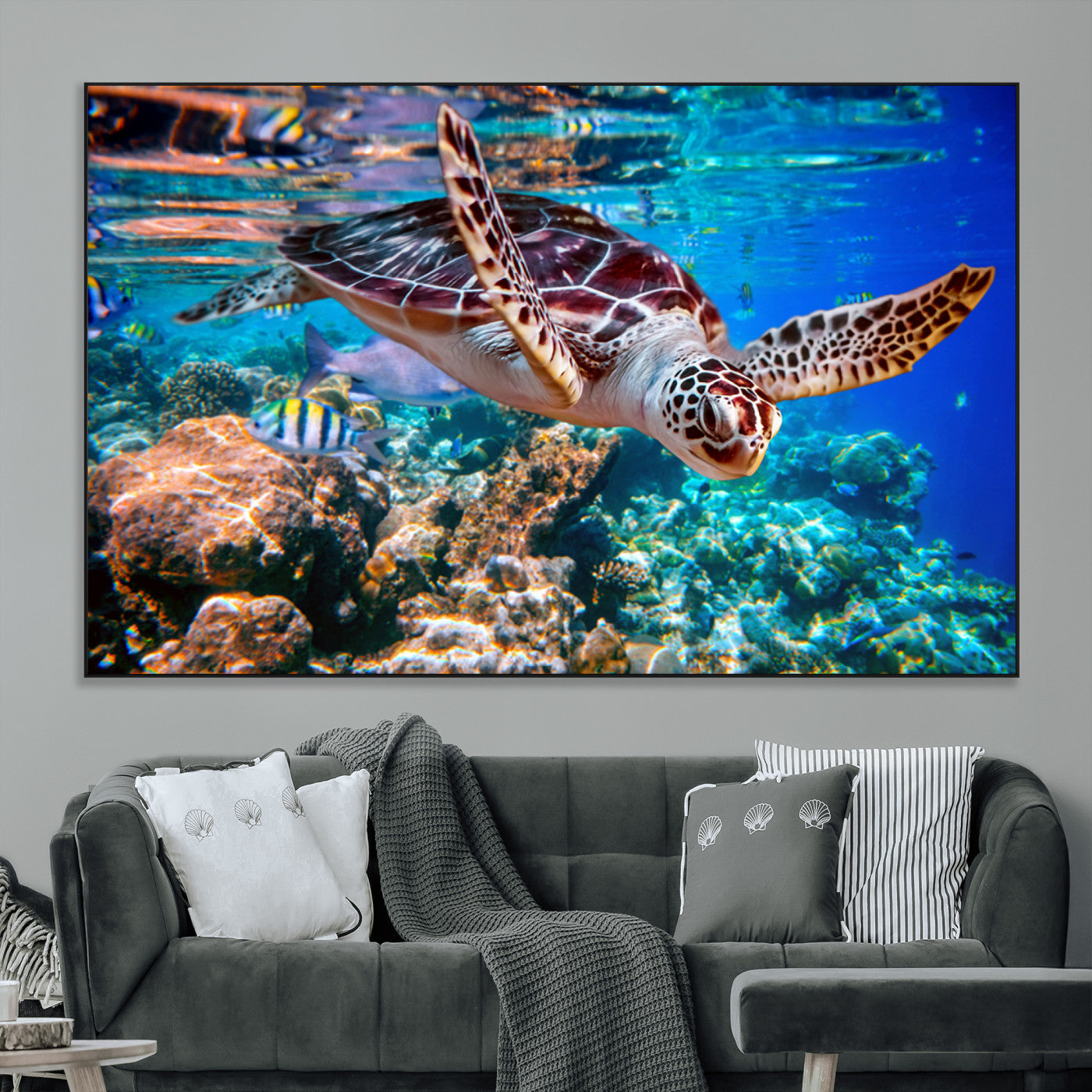 SEG-FC-51X34_Oversize - Underwater Coral Reef Sea Turtle Wall Art Canvas Print, Vibrant Marine Life | Colorful Ocean Scene