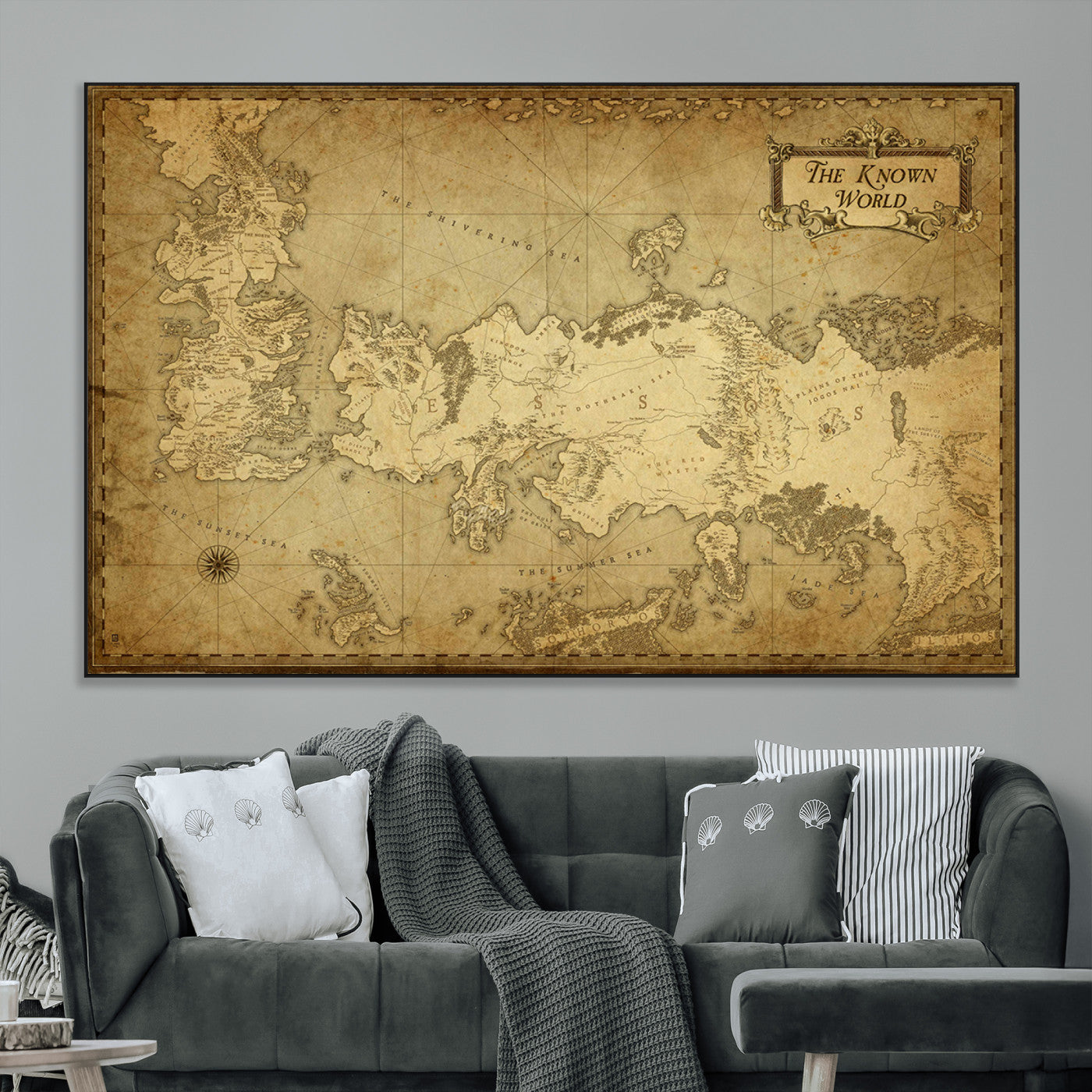 SEG-FC-51X34_Oversize - Vintage Game of Thrones Map Wall Art | Westeros and Essos Antique Style Print | The Known World in Triptych Canvas | Giclee Canvas for Fantasy Lovers