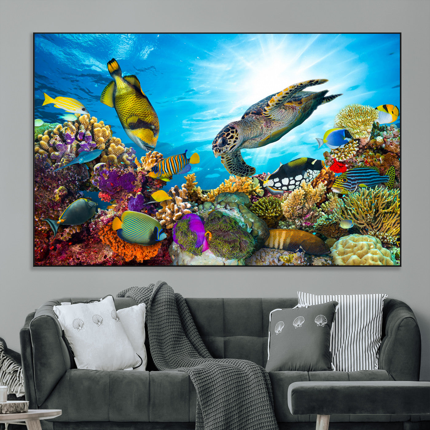 -Colorful Coral Reef and Sea Life Turtle Canvas Print, Underwater Tropical Ocean Wall Art for Home