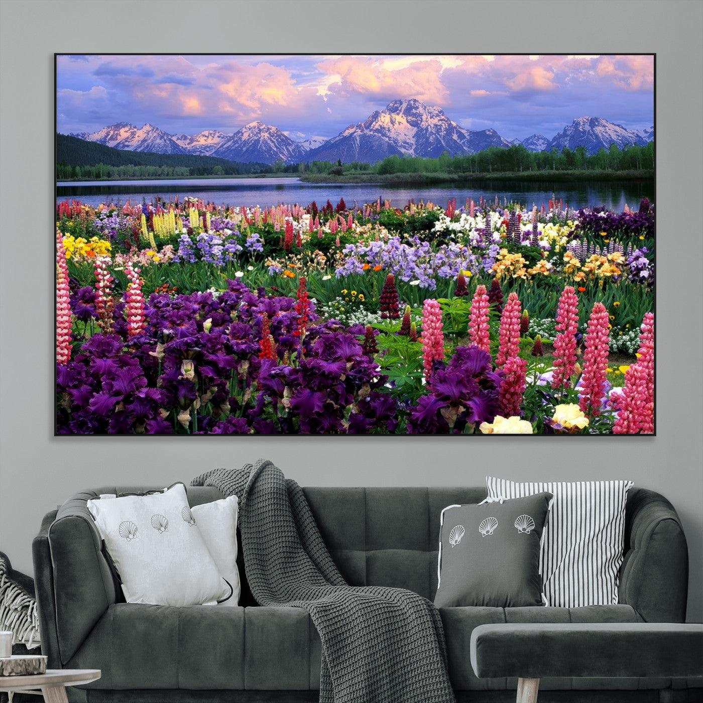 SEG-FC-51X34_Oversize - Vibrant Wildflower Garden and Mountain View Giclee Canvas Print | Floral Wall Art for Living Room