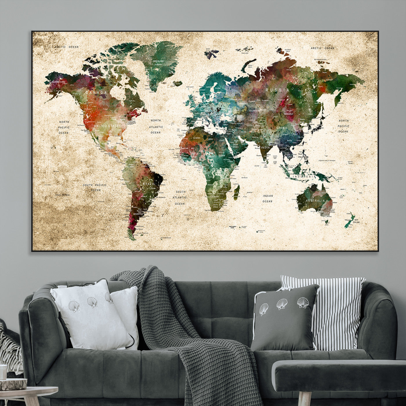 45128-MGV-CV-36X24-Push Pin World Map Canvas Print – Framed Wall Art for Couples to Track Their Travels – Anniversary Gift or Home Adventure Decor