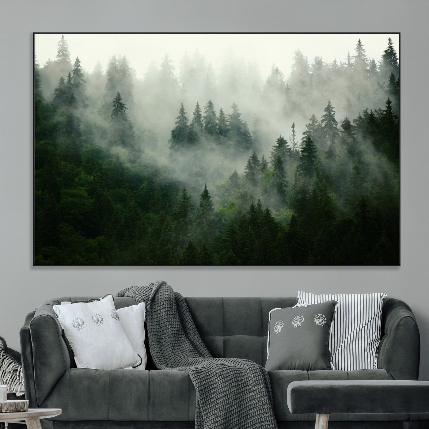 SEG-FC-51X34_Oversize - Misty Forest Mountain Wall Art Canvas  | Large 3-Panel Foggy Landscape Canvas Print | Nature Misty