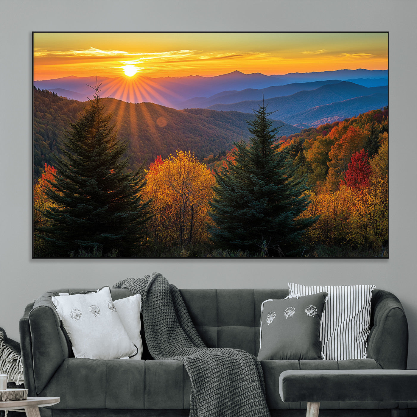 SEG-FC-51X34_Oversize - Golden Sunset Over Mountain Forest Canvas Wall Art Print - Warm Nature-Inspired Landscape for Living