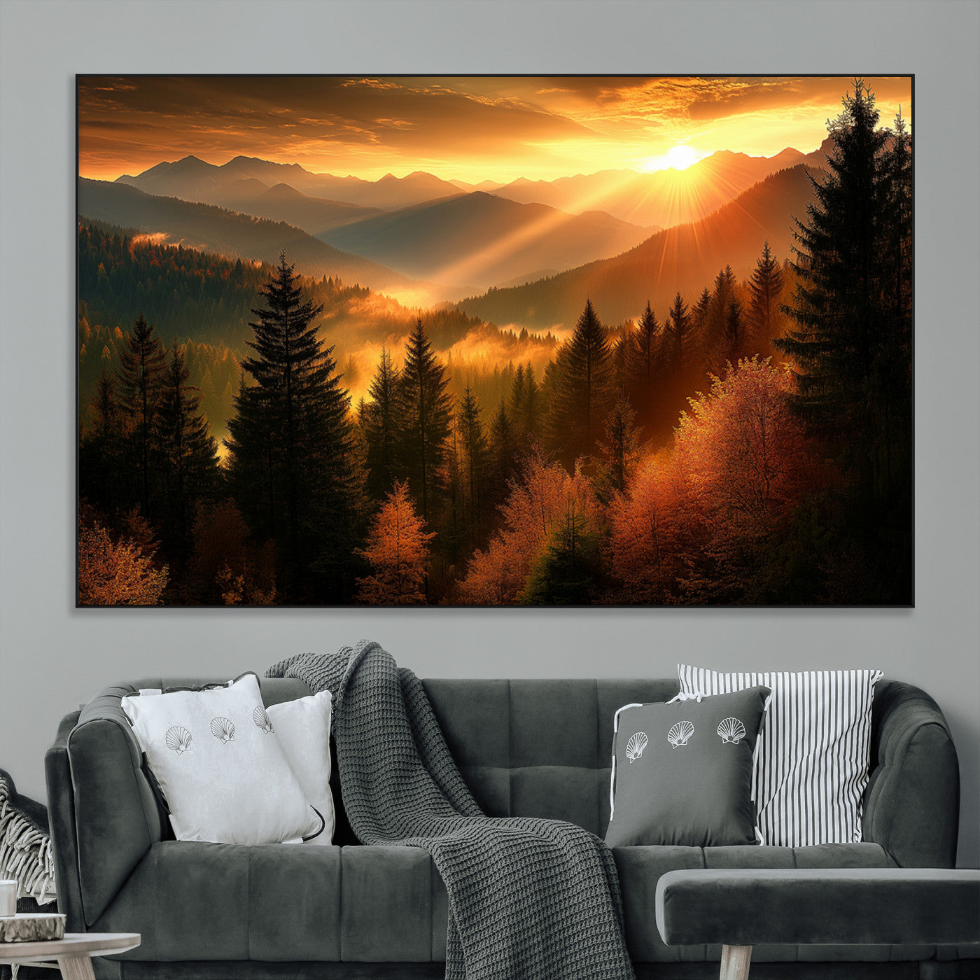 SEG-FC-51X34_Oversize - Golden Sunset Over Mountain Forest Canvas Wall Art Print - Warm Nature Landscape Print