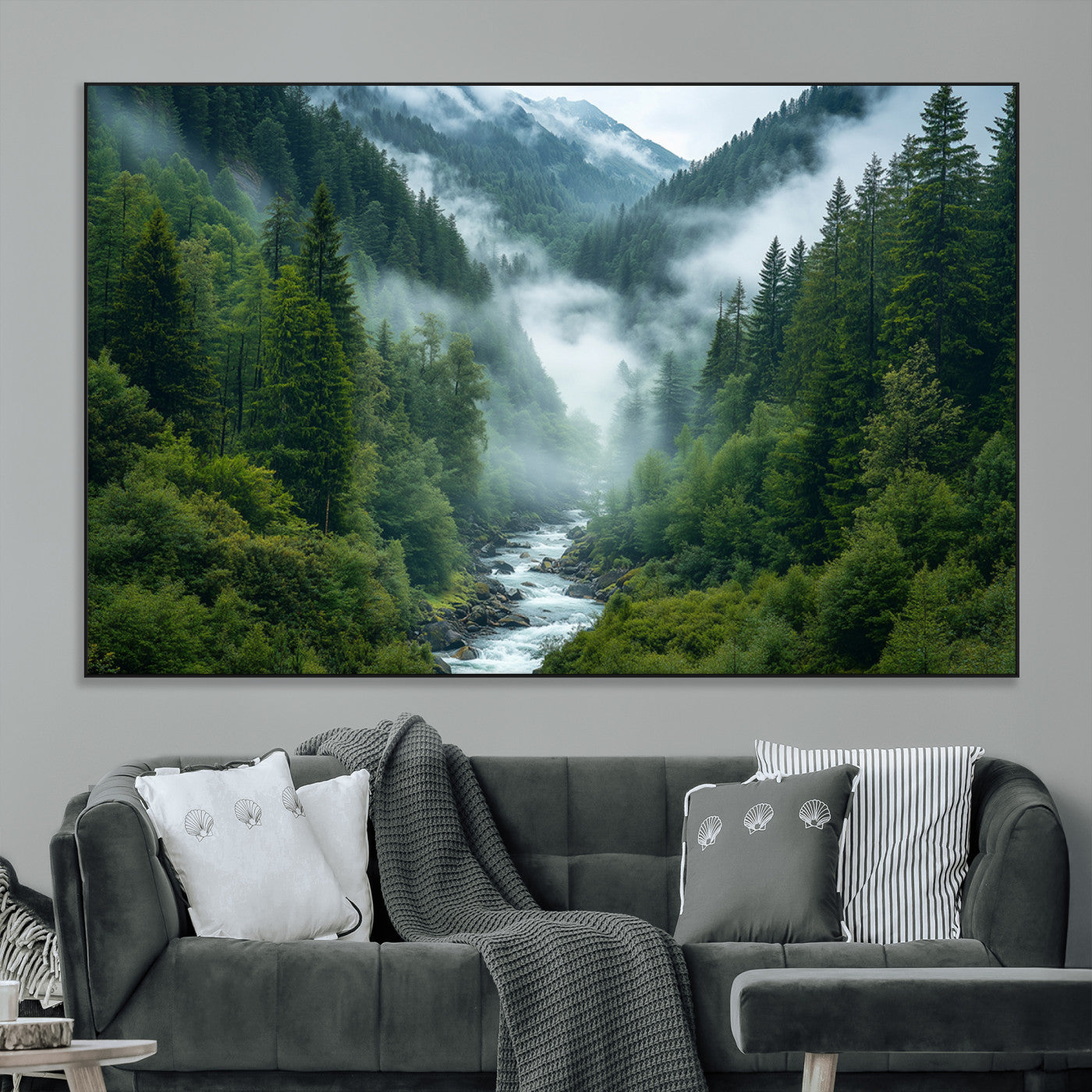 SEG-FC-51X34_Oversize - Mountain Forest River Canvas Wall Art Print - Serene Nature Landscape for Living Room, Office, or