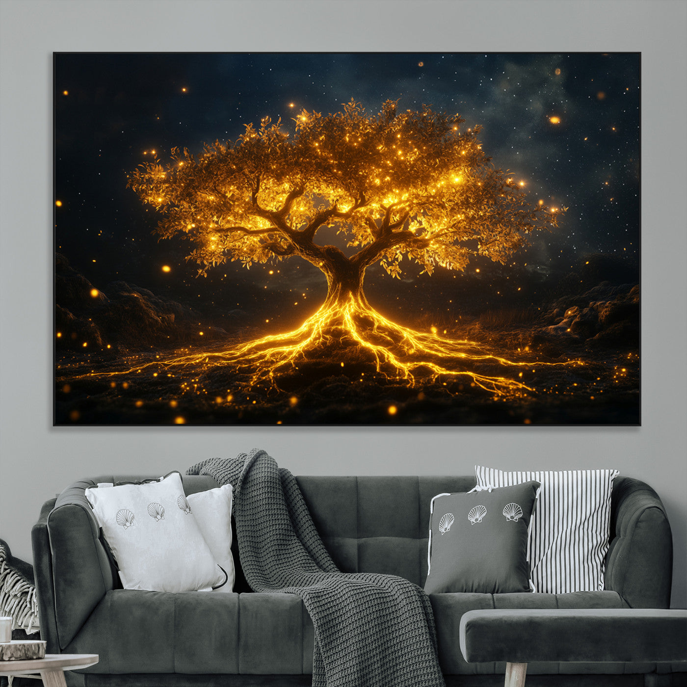 SEG-FC-51X34_Oversize - Golden Tree of Life Canvas Wall Art Print - Majestic Glowing Tree Design for Living Room, Office, or