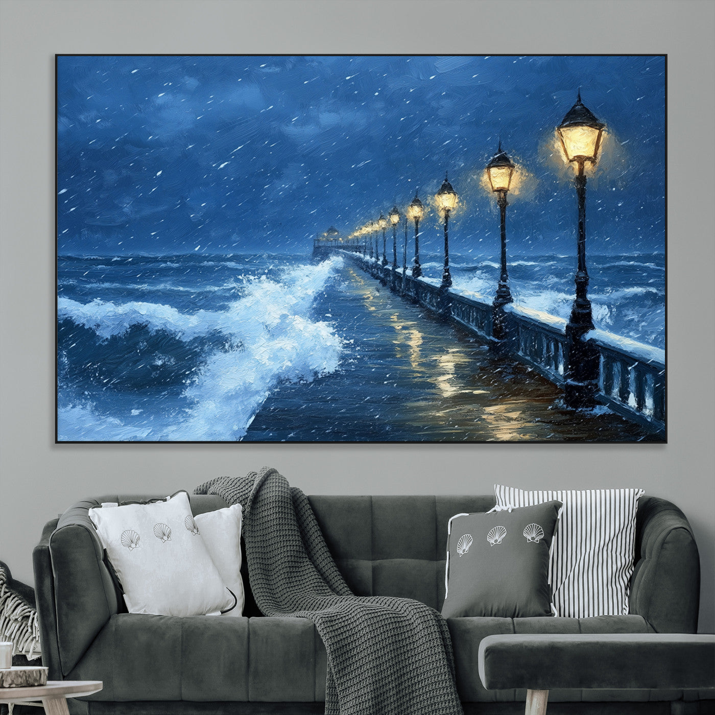 SEG-FC-51X34_Oversize - Stormy Ocean Pier Lights Canvas Wall Art Print - Large Moody Night Scene for Living Room, or Office,