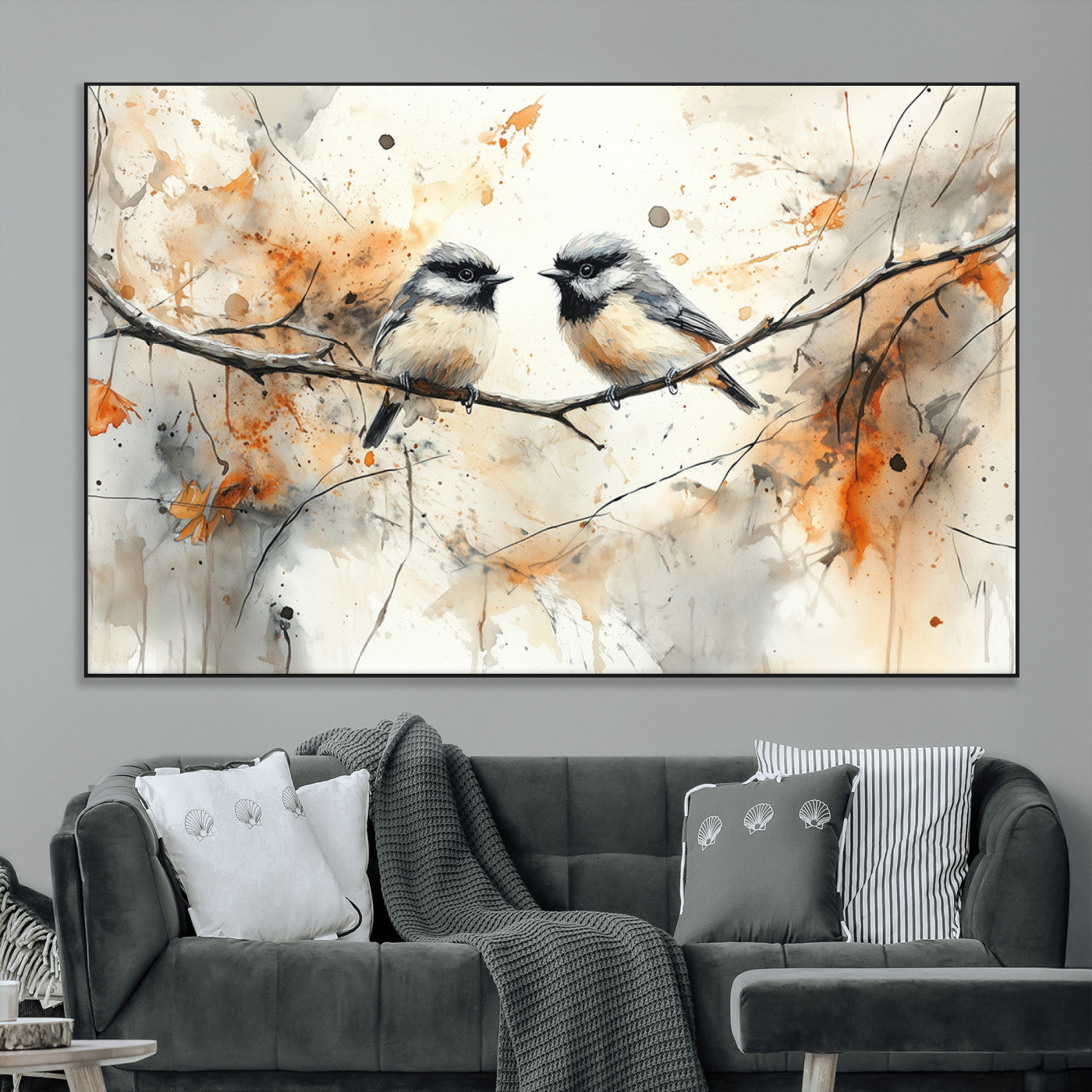 SEG-FC-51X34_Oversize - Abstract Watercolor Chickadee Bird Canvas Wall Art Print - Large Bird and Branch Wall Art, Modern